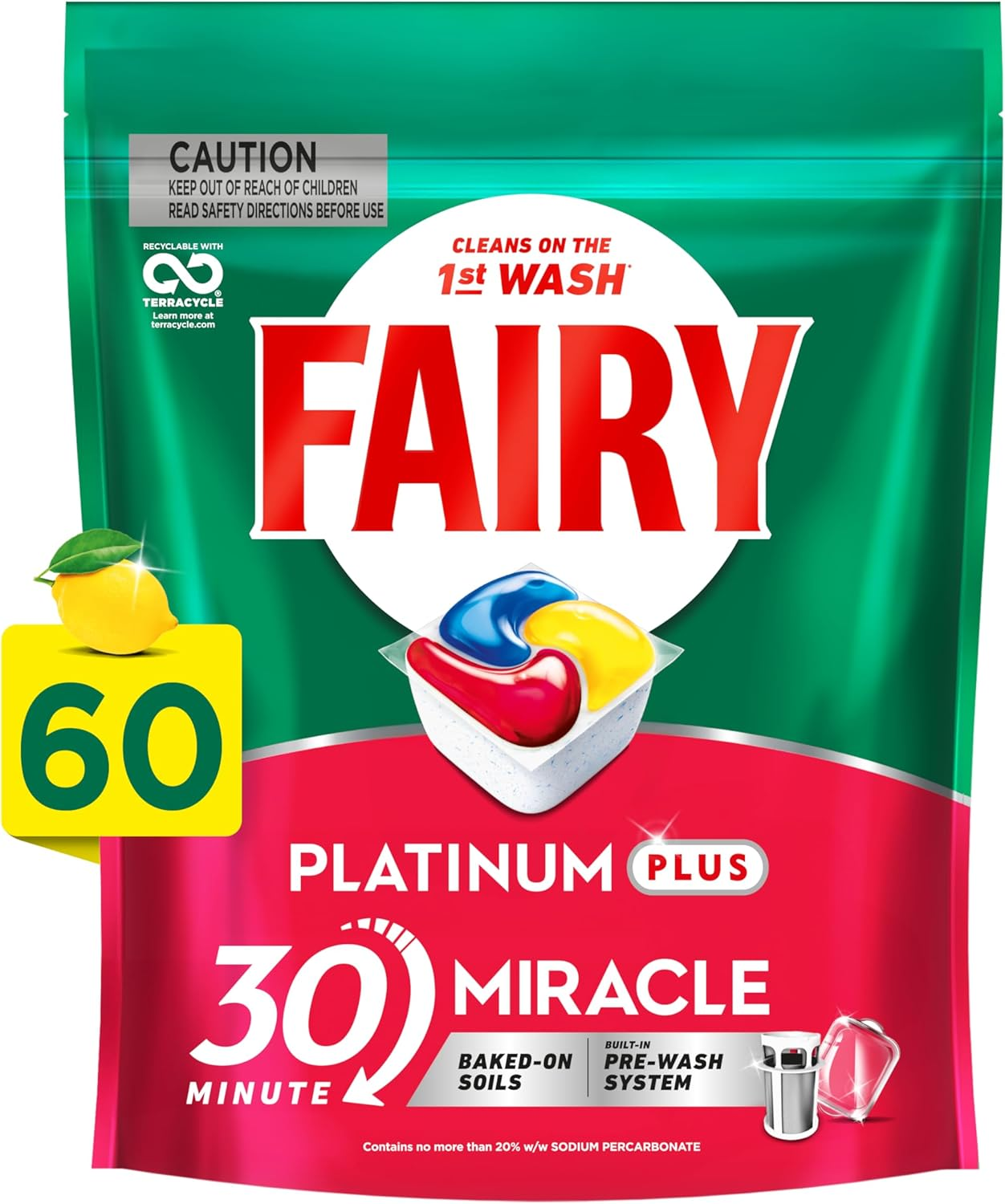 Fairy All in One Platinum plus Lemon Automatic Dishwasher Pouches 60 Dishwasher Capsules image number 4