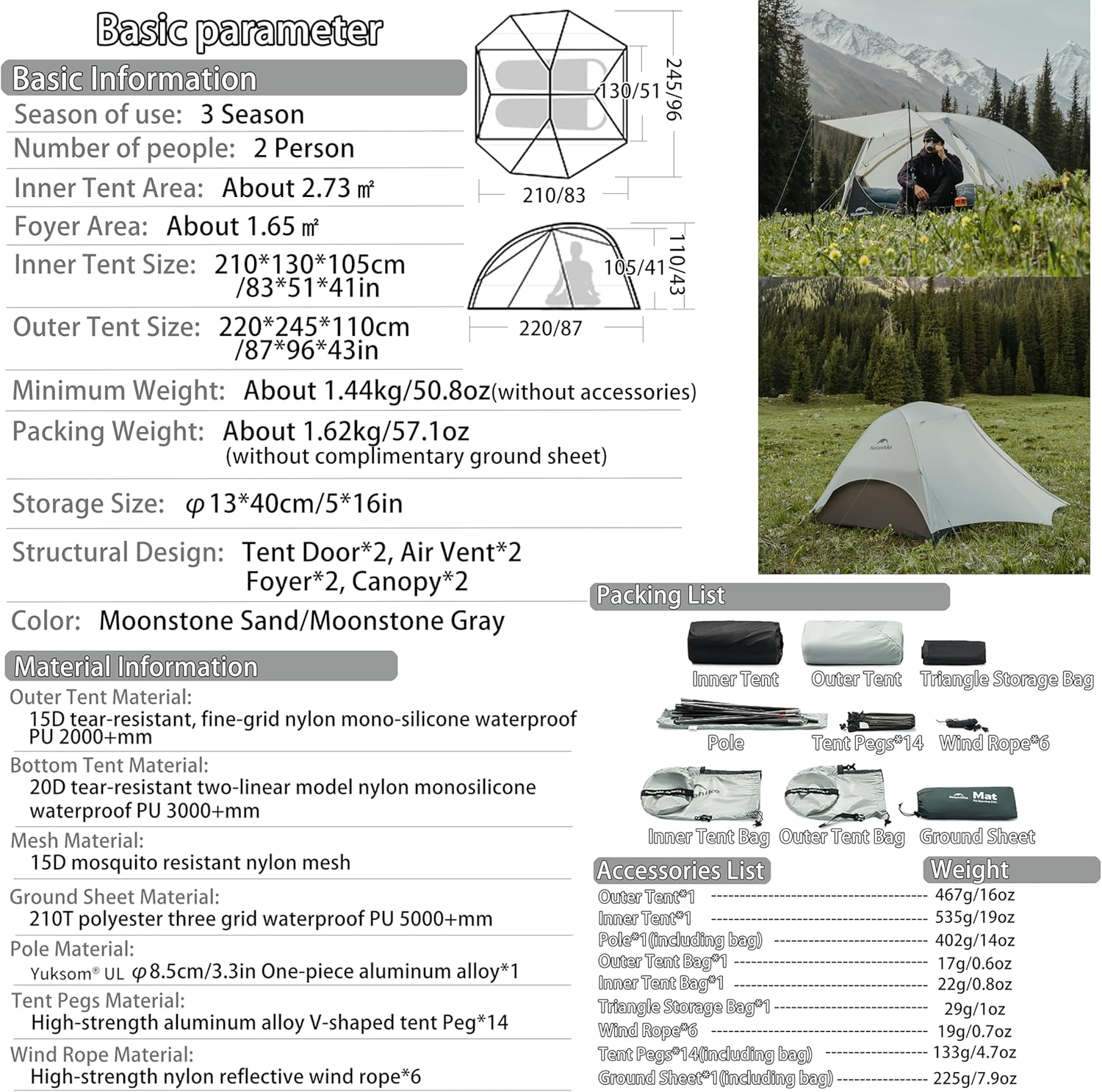 Naturehike Star River UL Lightweight 2 Person Tent for Camping 15D Ultralight Silicone Coated Fabric Weighs Only 50.82Oz Compact Storage Waterproof Double Canopy and Door Aluminum Pole Anti-Mosqui - Moonstone Gray image number 5