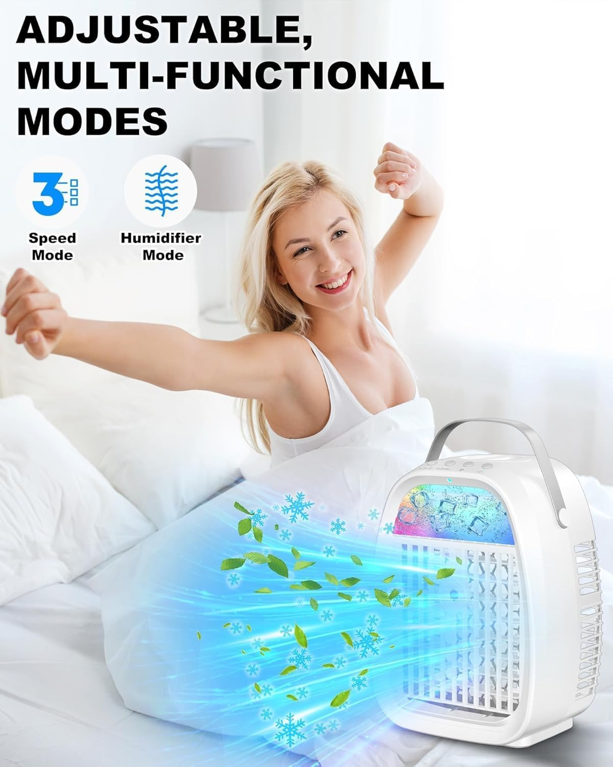 Portable Air Conditioner Fan, 3 Speeds & 2 Mist Modes Quiet & Powerful Air Conditioner Portable 1100Ml Water Tank for Room Home Office Indoor Use, USB Powered Mini Evaporative Air Cooler with Remote image number 2
