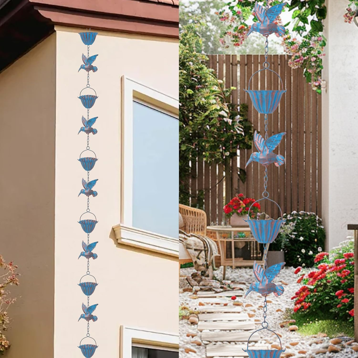 Ruaizel 7.8FT Rain Chains for Gutters, Hummingbird Rain Catcher, Outdoor Rain Chain,Metal Catcher Chain for Outside, Hanging Decorations for Patios (Blue)