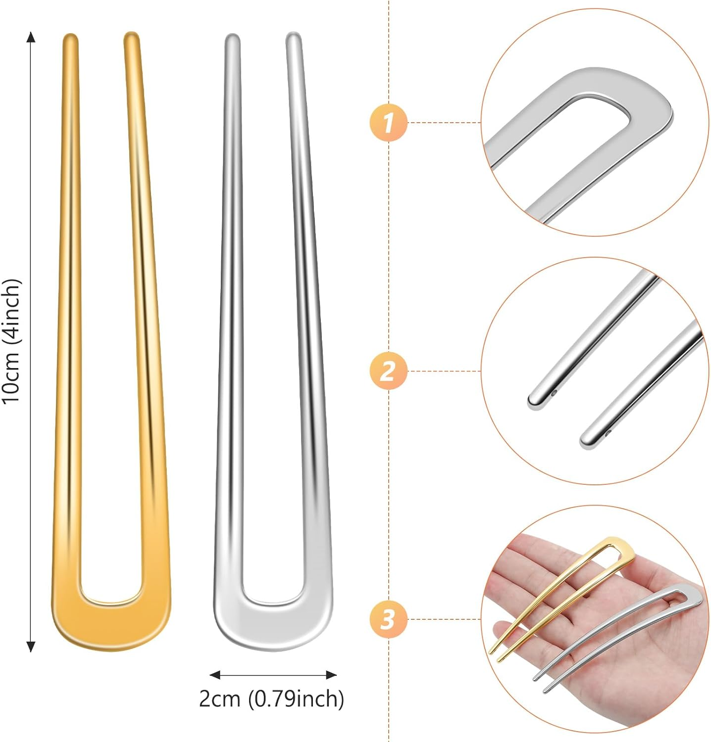 6 Pieces U Shaped Hair Pins, French Hair Pins Metal French U Pins Vintage Hair Fork Hair Pin for Buns Women Girls Hairstyle Accessories,(3 Gold + 3 Silver) image number 3