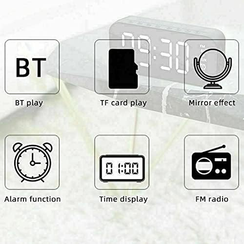 Costcom LED Display Mirror Digital Alarm Clock Wireless Bluetooth Speaker Home Decor Multifunctional Desk Clock for Bedroom and Office (Black)