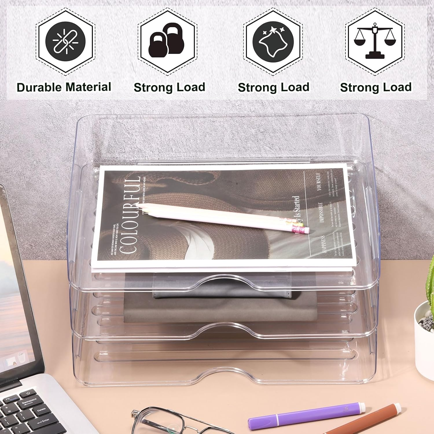 Uxcell 13"X9.8"X2.9" Stackable Letter Tray, 2-Tier Paper Organizer Rectangular Plastic Desk Organizer Accessories File Holder for Office Desk Drawers Paper Storage, Clear image number 3