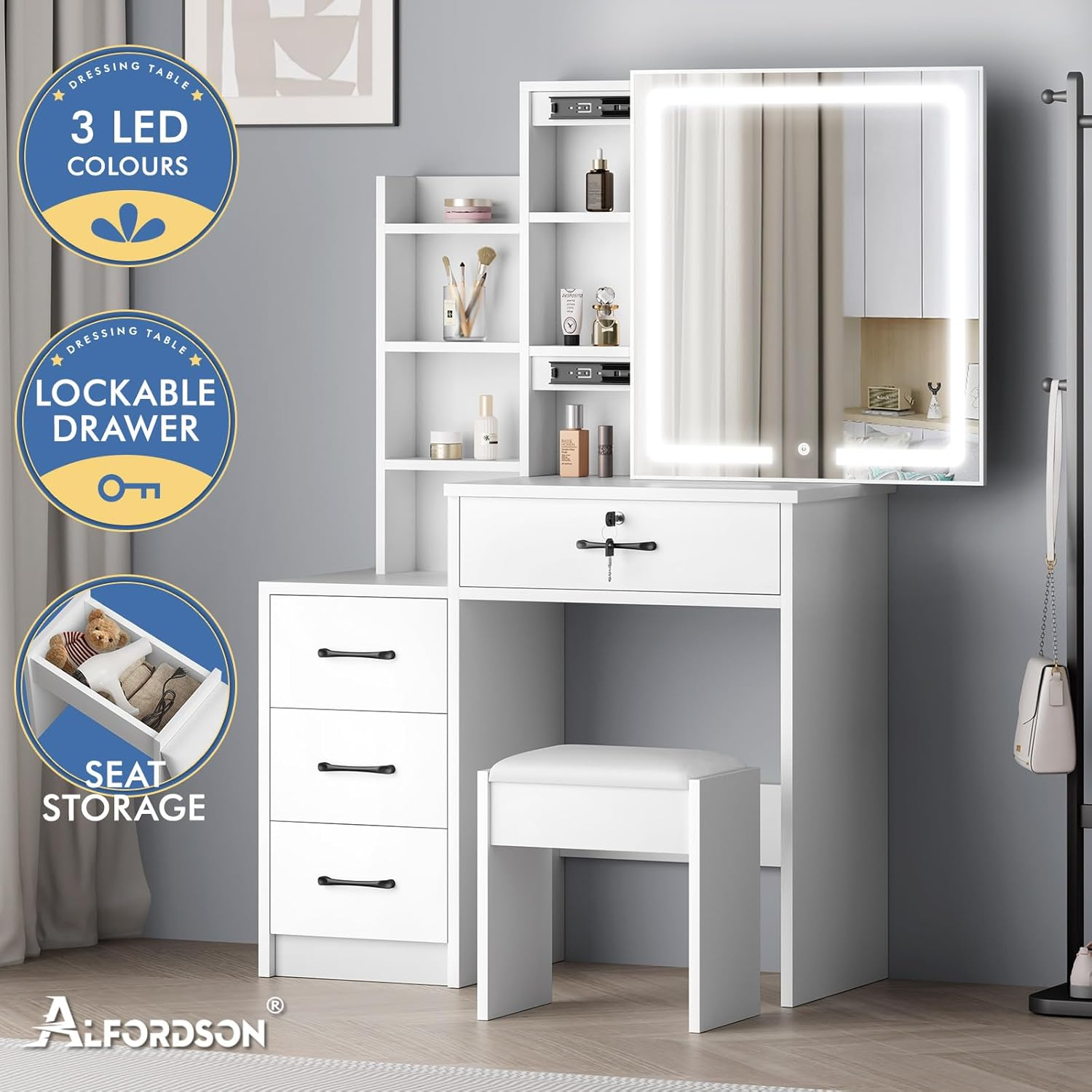 ALFORDSON 4-Drawer Vanity Set, Lockable Drawer & Sliding Mirror, Bedroom Vanity Table, 80X36X131.5Cm, White - 3 Color Lights, Hidden Storage Stool image number 3