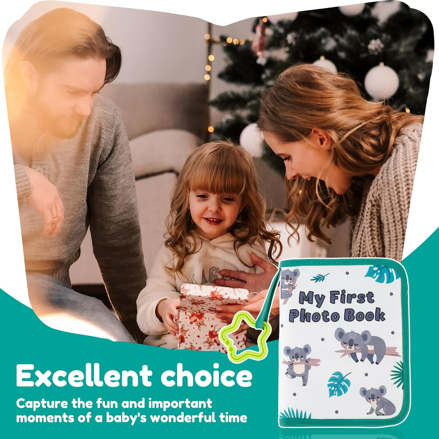 Soft Cloth Photo Book - Cloth My First Photo Book Free Illustration Baby Photo Album with Plastic Star Hook inside Smooth Page First Year Memory Album Safe Photo Album for Baby (Green) - Blue image number 4