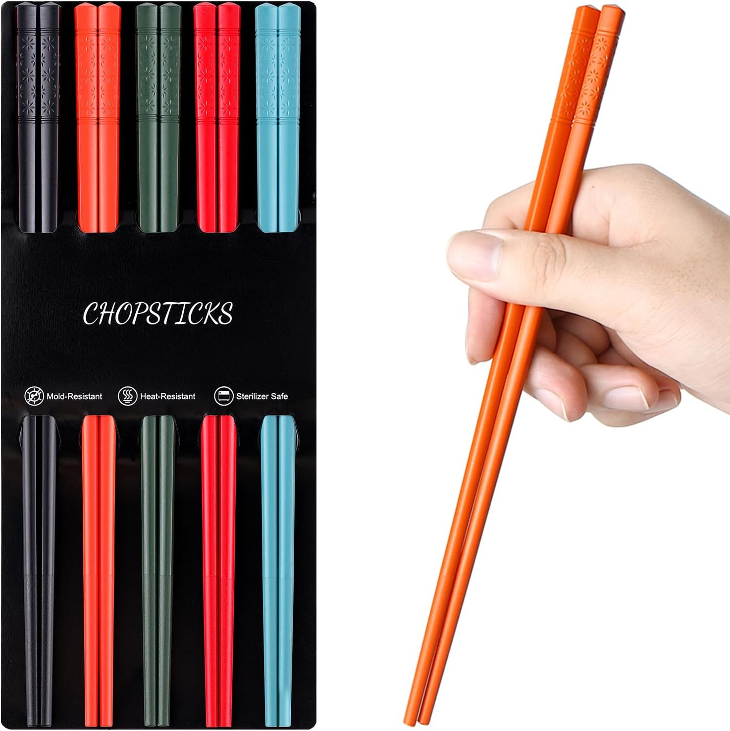 Tiokin 5 Pair of Fiberglass Reusable Chopsticks Lightweight Non-Slip Chopstick ,Japanese Style Chop Sticks Set ,Healthy and Durable Dishwasher Safe(Black)