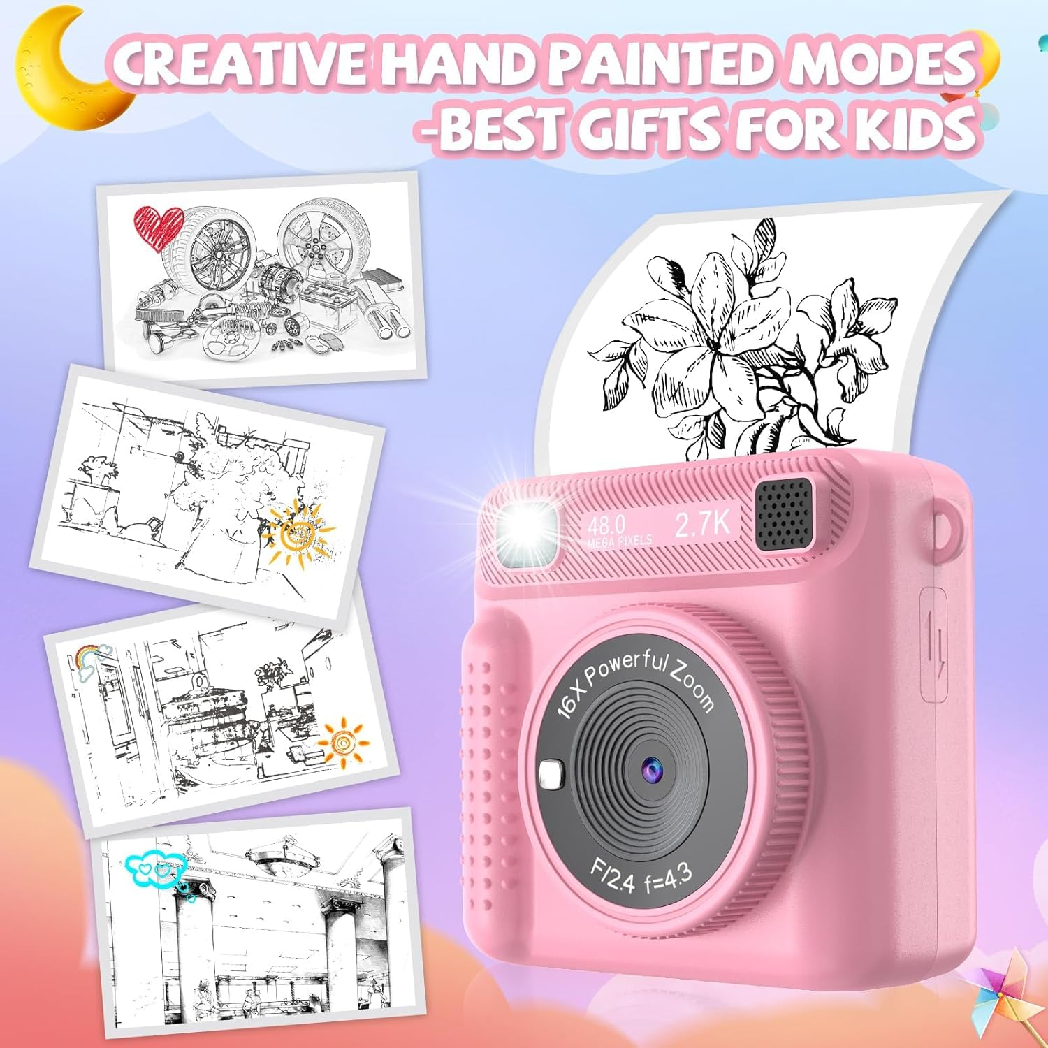 Omebel Kids Digital Camera, Instant Print Camera for Kids, HD Video, 32GB SD Card, Portable Toddler Camera for Girls & Boys Age 3-12, Christmas Birthday Gifts, Kids Camera & Photo Kids Toys (Pink) image number 1