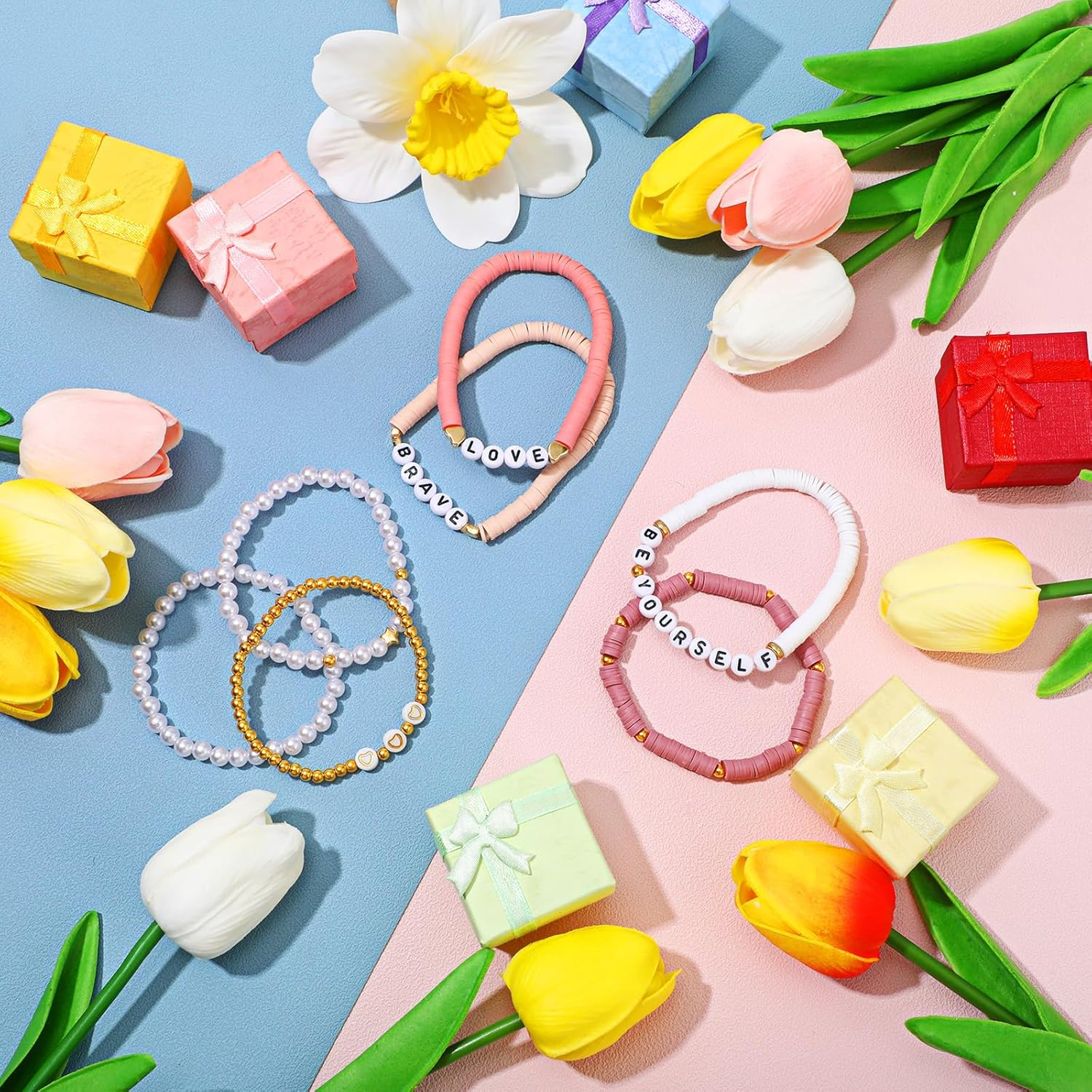 Landical 7 Pcs Friendship Beaded Bracelets Valentines Bracelets Heishi Preppy Bracelets Cute Jewelry Gifts for Women Girls