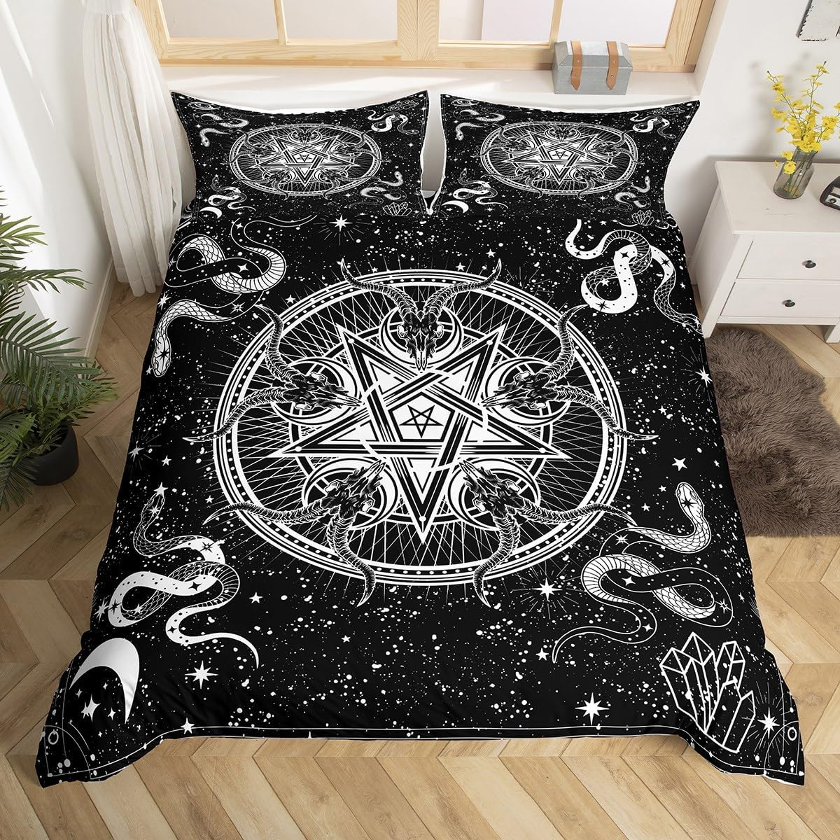 Bull Skull Black White Duvet Cover Set L Size, Sun Moon Starry Sky Bedding Set, Gothic Stars Snake Diamond Comforter Cover Children Girls Boys Room Decor Exotic Boho Quilt Cover image number 3