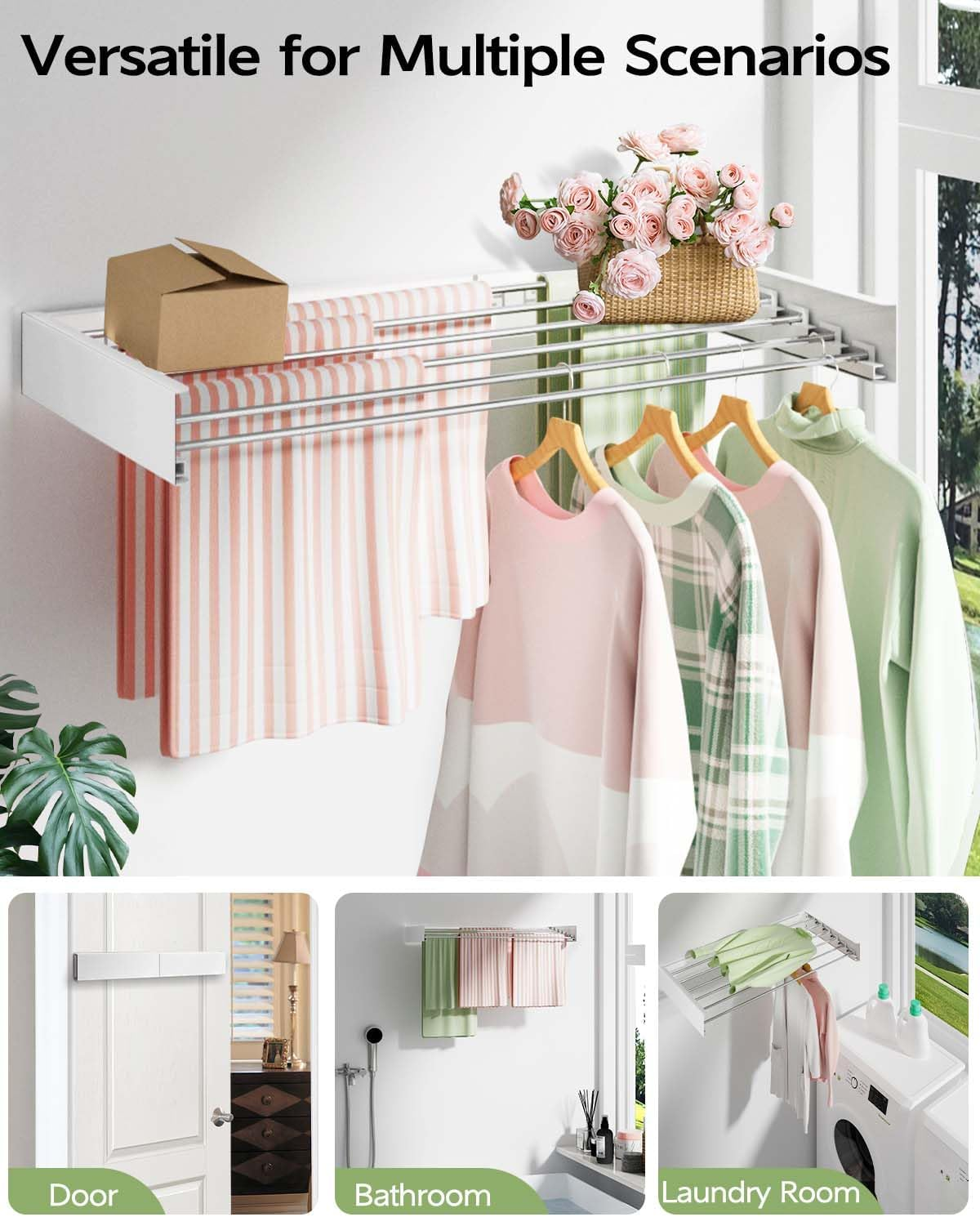 Vikaqi Wall Mounted Clothes Drying Rack 100 CM, Foldable Wall Mount Laundry Rack Folding Indoor, Drying Rack Clothing Collapsible, Towel Rack with Wall Template, 6 Rods, White image number 4