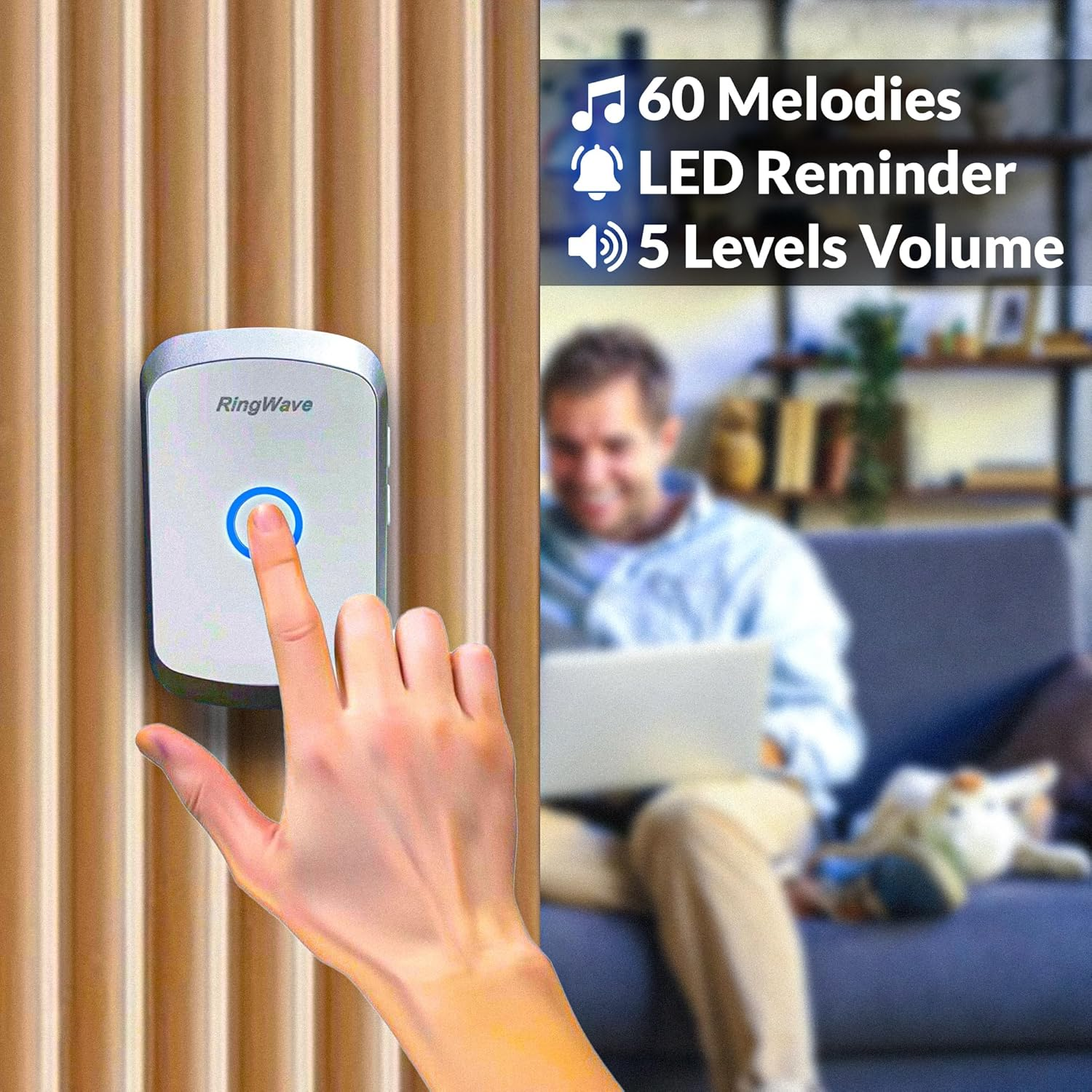 Ringwave Waterproof Wireless Outdoor Doorbell, IP44 Rated, with 300M Range, 1 Button Transmitter, and Plug-In Receiver, 5 Adjustable Volume Levels, 36 Ringtone Options. image number 1