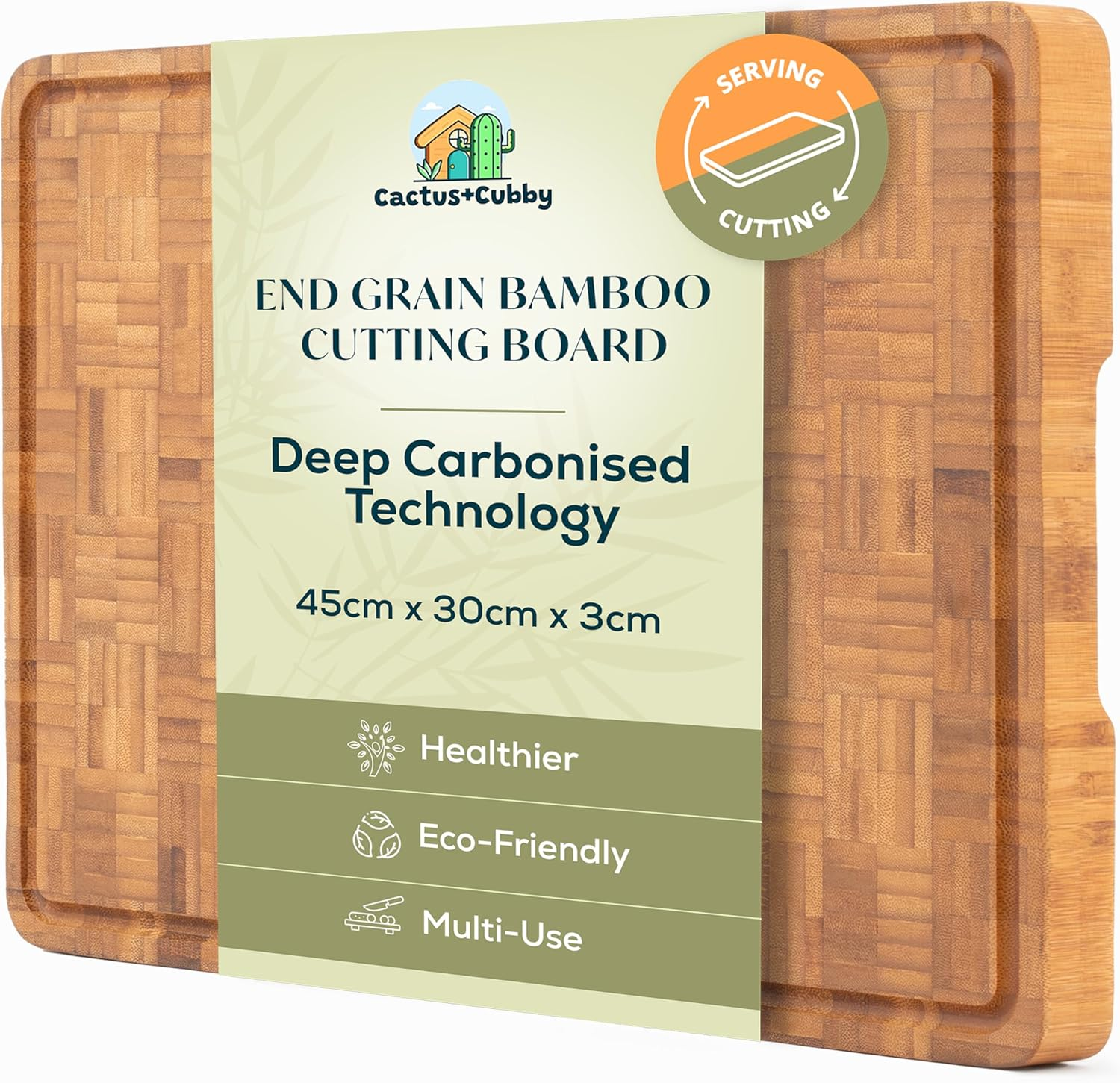 Cactus and Cubby Wooden Chopping Board. Crafted End Grain Bamboo Cutting Board. Premium Deep Carbonised Finish. Large (45 X 30 X 3Cm). Butchers Block. Juice Grooves. Side Handles. Serving Tray. image number 1