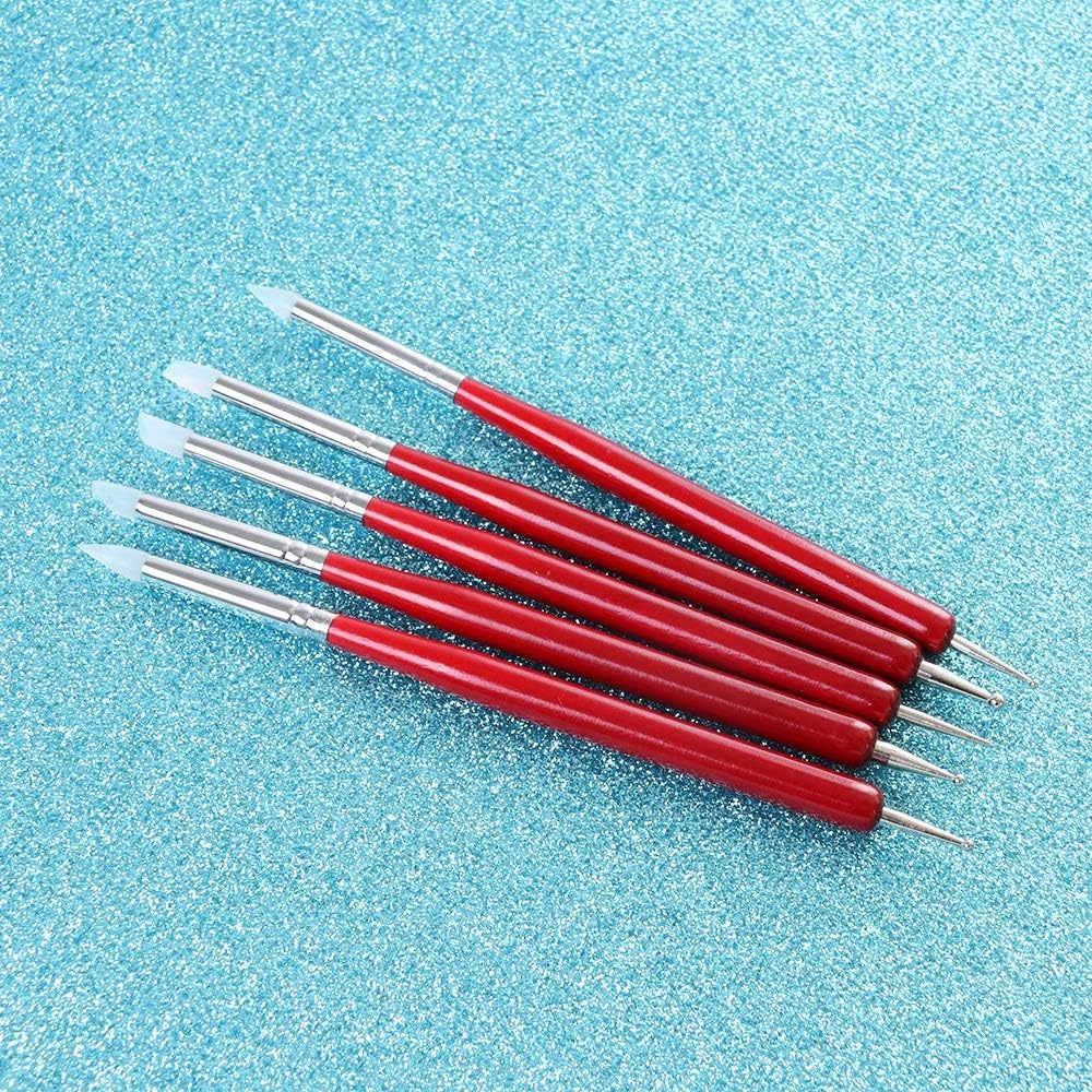 5Pcs 2 Ways Nail Art Sculpture Dotting Pen Nail Art Tool Silicone Dual-Ended Wooden Handle Brushe Nail Manicure Tool 14.7Cm Zhengpingpai image number 3
