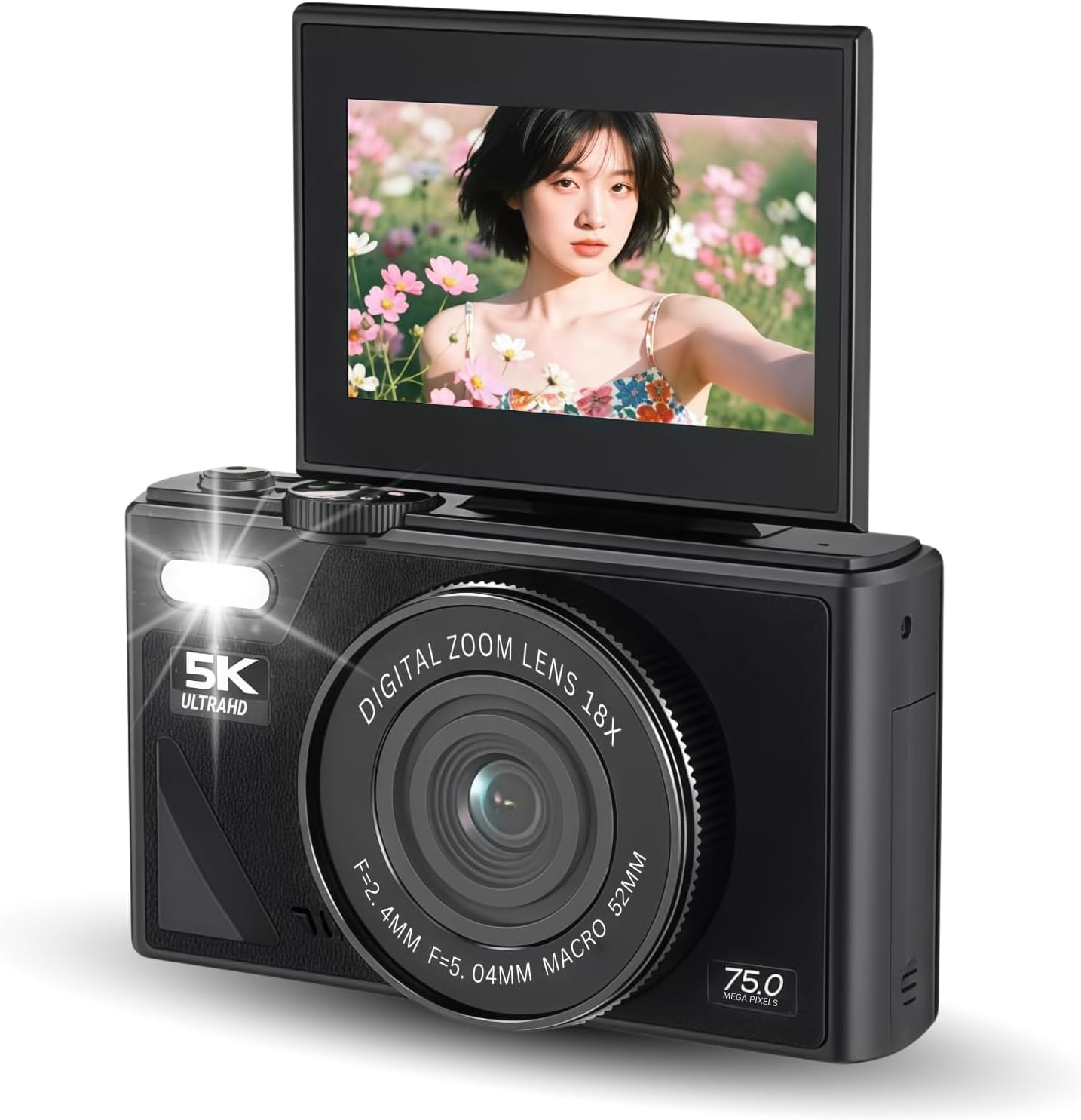 5K 75MP Digital Camera, with 18X Optical Zoom Stabilization, 3 Inch Flip Screen, Retro Digital Camera, Compact Camera, for Travel Photography Vlogging Family