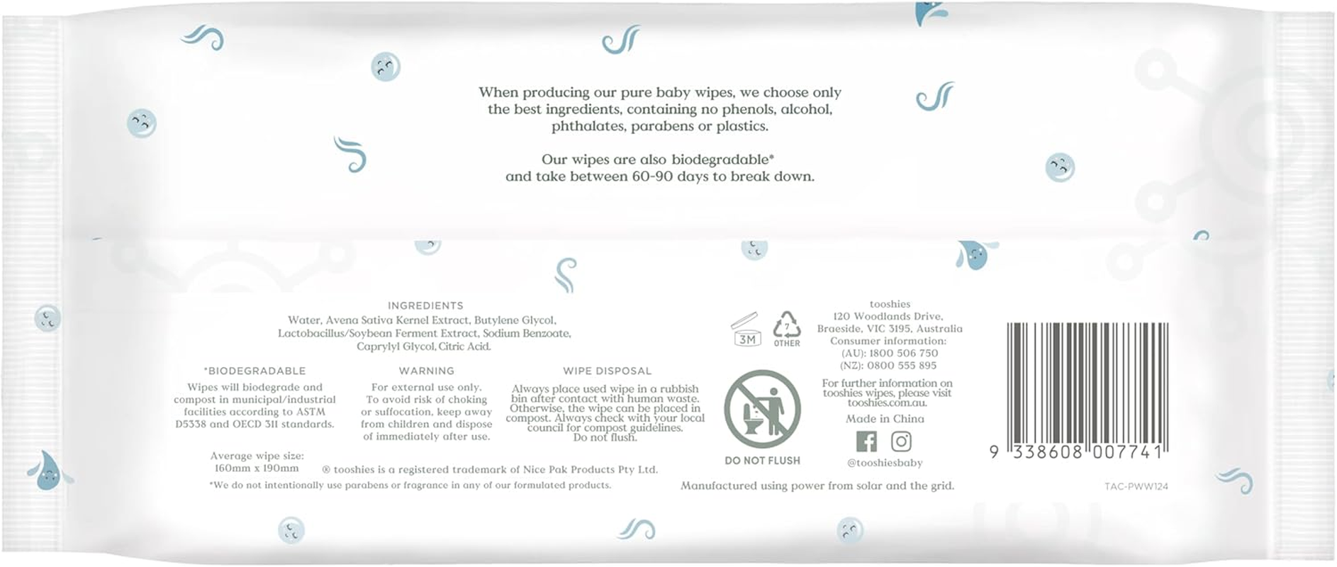 Tooshies Wipes | Probiotic Water Wipes | 100% Plastic Free | Biodegradable | Fragrance Free | 16 X 70Pk (1120 Wipes) image number 2