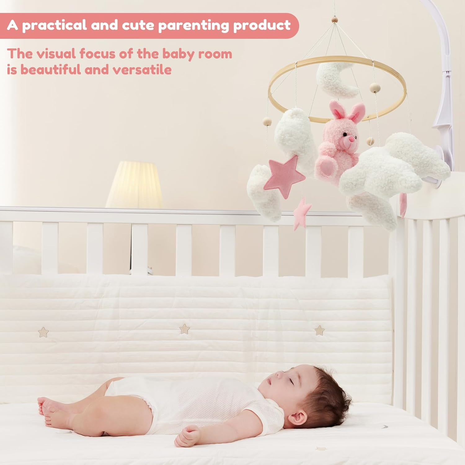 Baby Crib Mobile for Boys Girls Bassinet Soft Plush and Wood Nursery Mobile Cute Baby Bed Bell Charming Nursery Decor for Infant Newborn(Pink Rabbit) image number 1