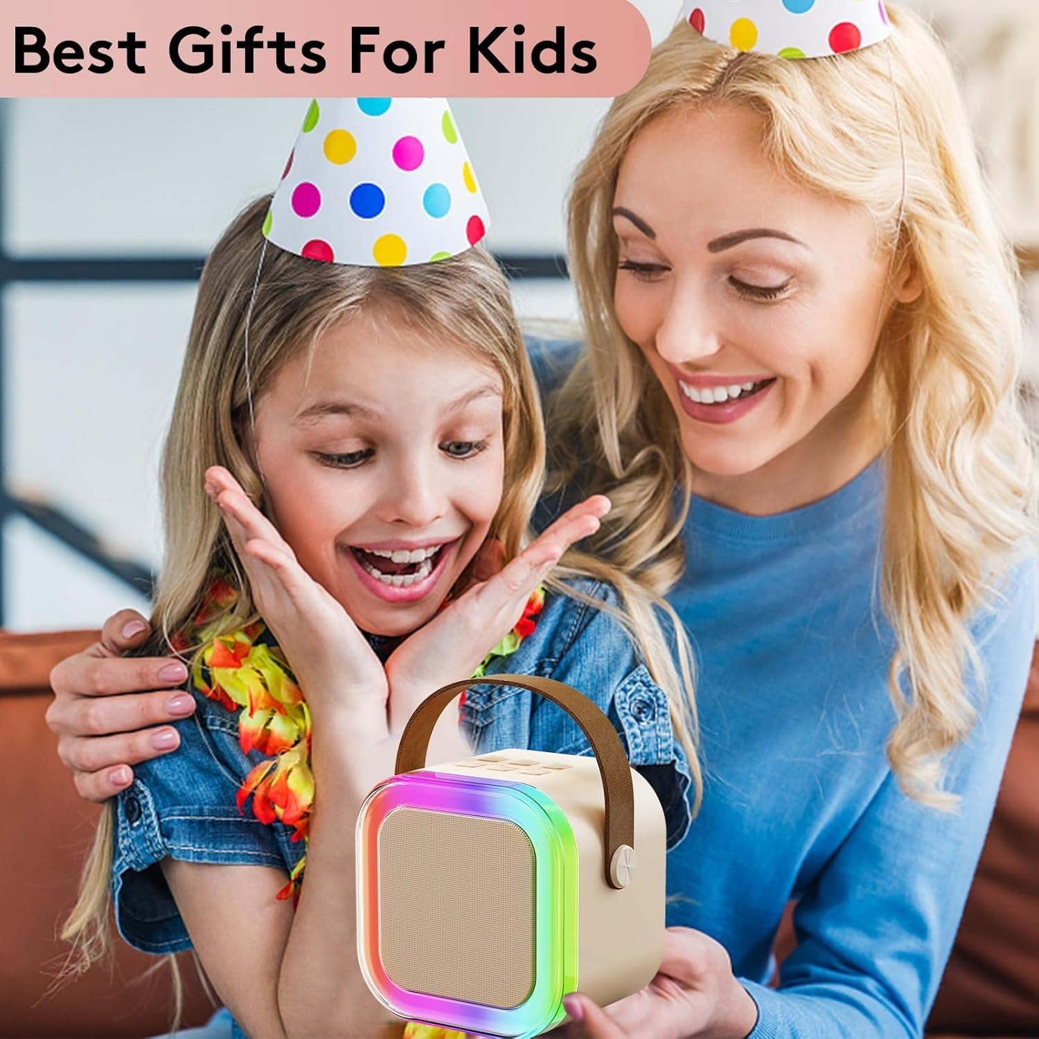 Mini Karaoke Machine for Kids and Adults, Kids Toy Gifts Karaoke Microphones, Portable Bluetooth Speaker with 2 Wireless Mics, Karaokee with LED Lights for Home Party Birthday (Beige) image number 2