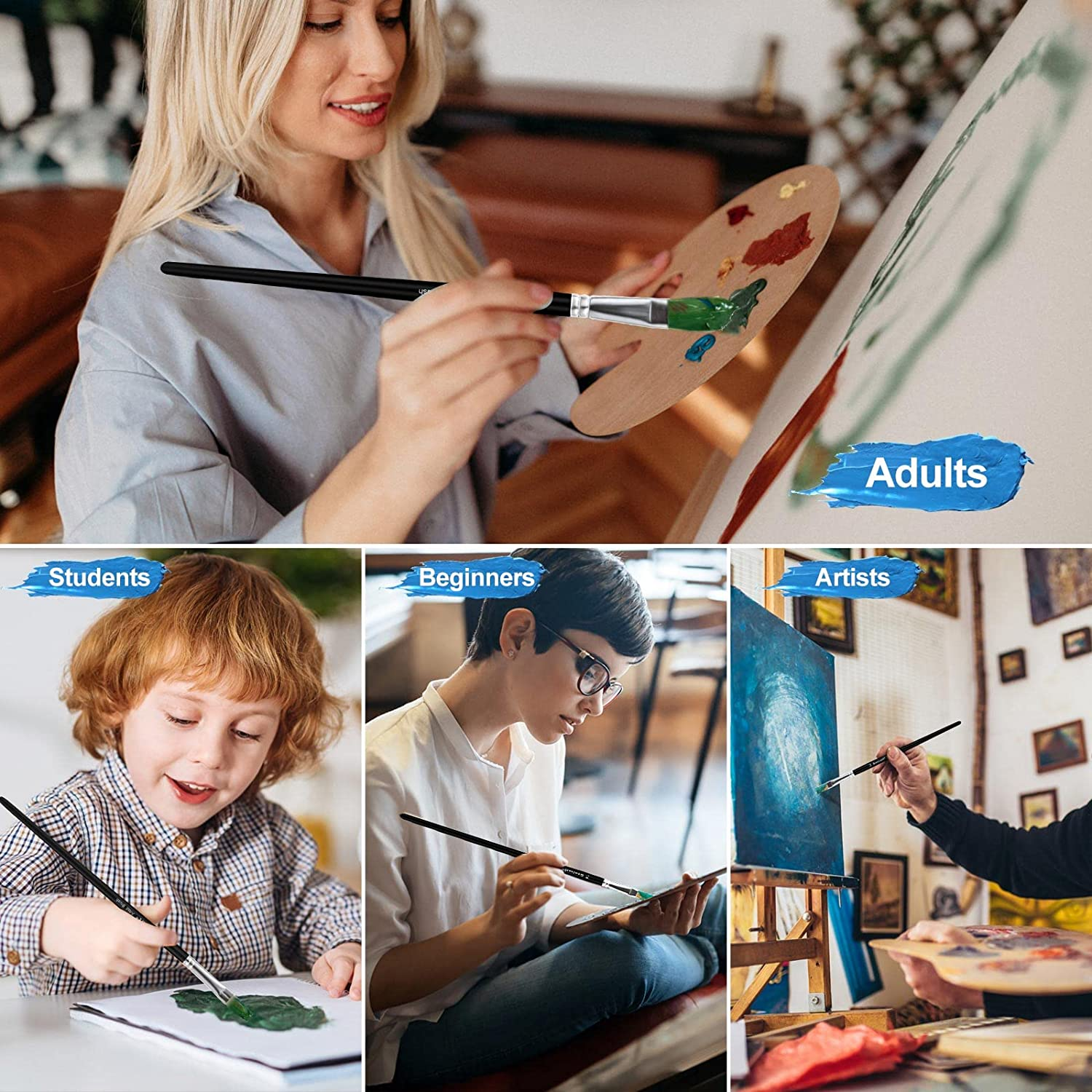 Acrylic Oil Watercolor Paint Brush Set, 9Pcs Flat Paintbrushes for Art Painting, 100% Natural White Hog Bristle Artist Paint Brushes for Students Adults (Black Handle) image number 2