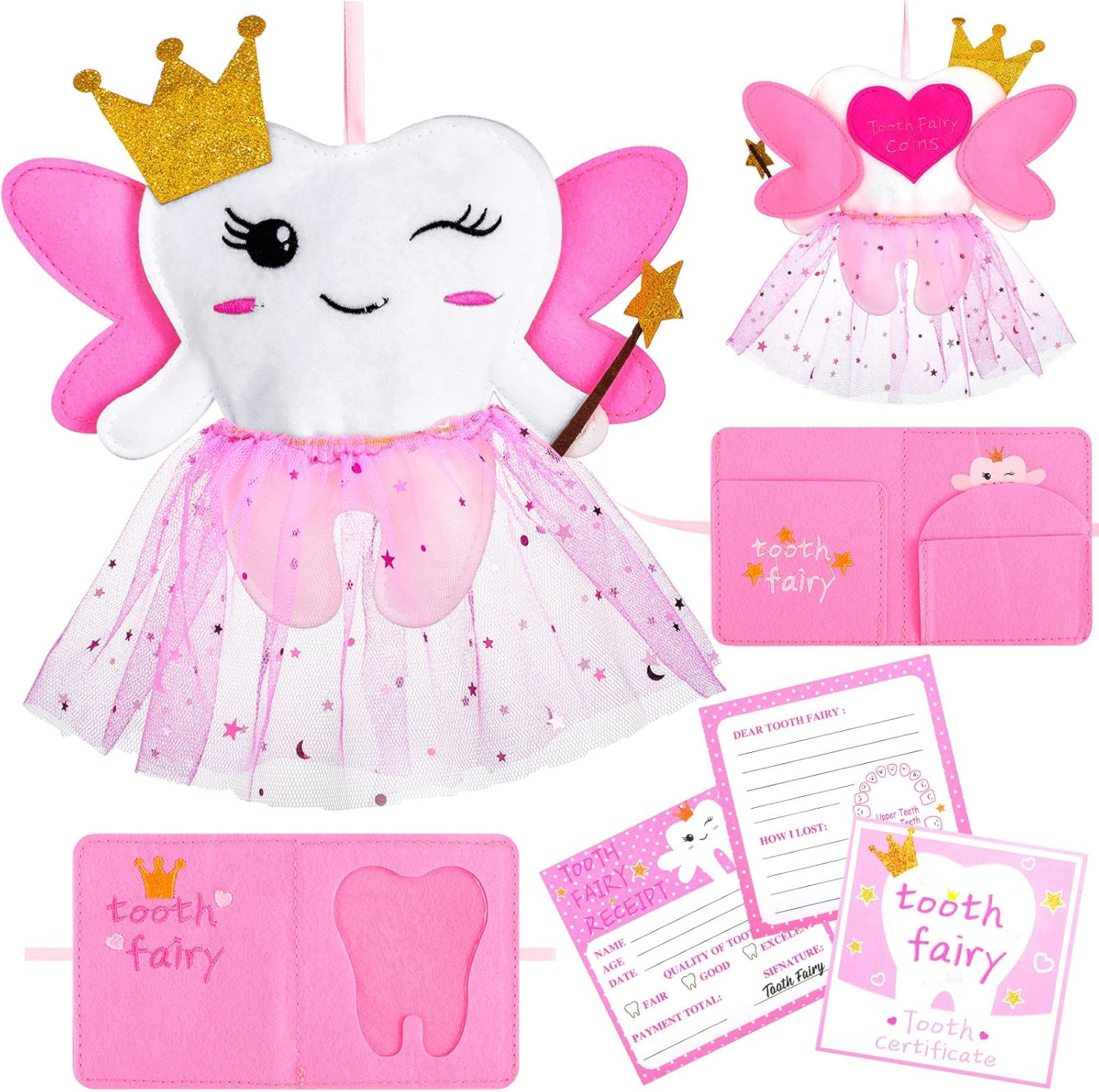 Breling Tooth Pillow Kit for Girls Teeth Gifts Pillow with Pocket Including Lost Teeth Holder Cute Dear Tooth Notepad Felt Keepsake Wallet Pouch to Hold Card Photography for Kids (Pink) image number 1