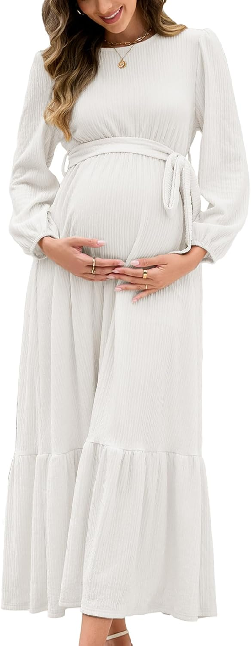 Women'S Maternity Maxi Dress with Belt Long Sleeve Crew Neck Pregnancy Dresses with Pockets Baby Shower Photoshoot image number 5