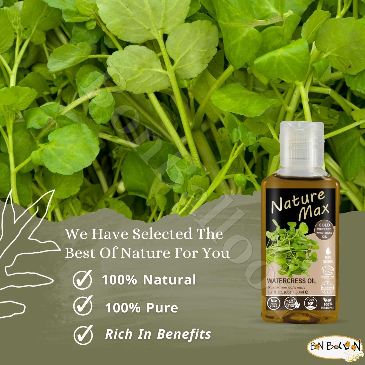 Bonballoon Fenugreek & Watercress Oil - 17.64 Oz (500 Ml) + 1.7 Oz (50 Ml) - Organic, Undiluted, Pure - Hair & Skin Care - Women (Hair & Skin Care) - Unisex image number 2