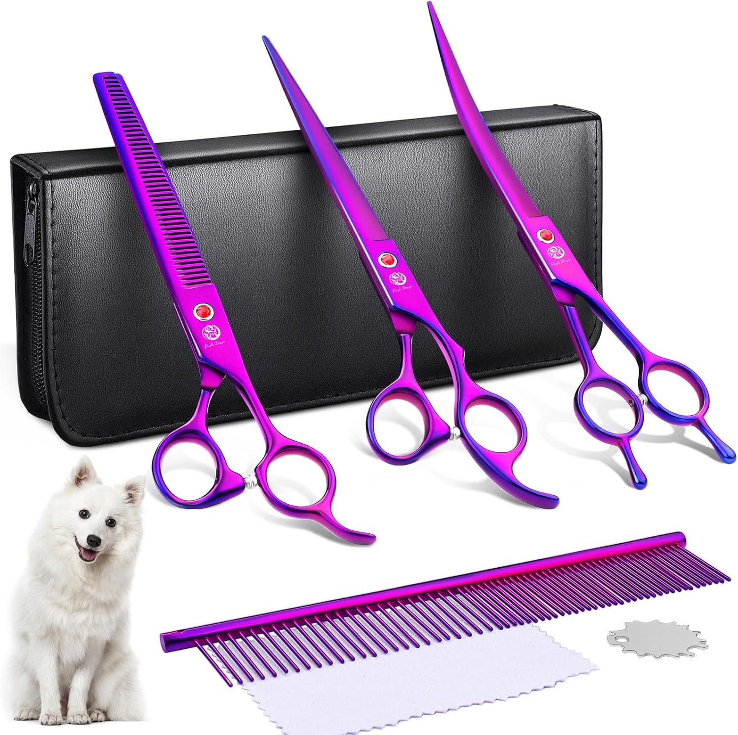 Purple Dragon 8 Inch Dog Scissors Set Professional 3-In-1 Fur Scissors Set for Dogs - Purple Dog Scissors Set Straight, Serrated and Curved Scissors Are Included for Dogs for Cats and Other Animals