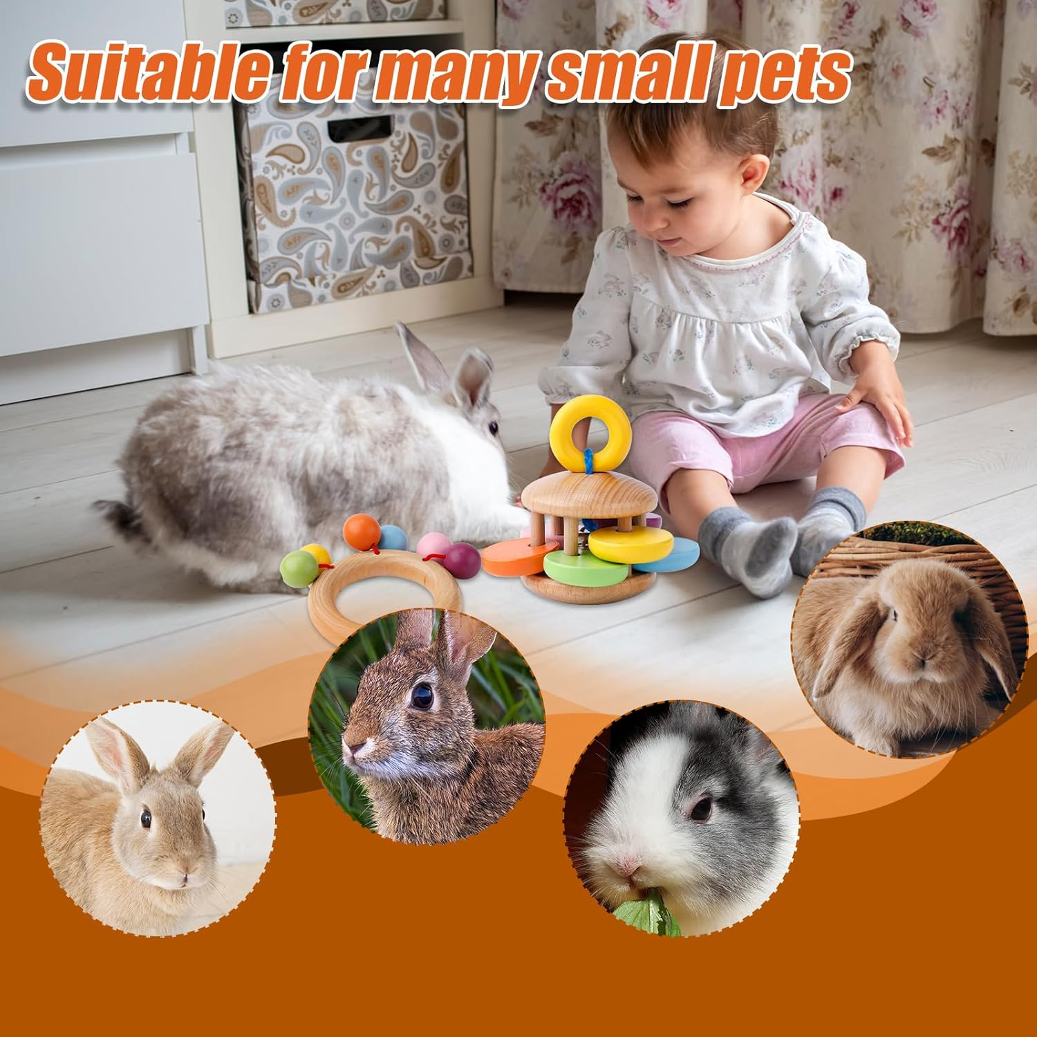 Gosknor 4 X Wooden Rabbit Toys, 4 Styles Wooden Chew Toys, Teething Rattle for Guinea Pigs Wooden Rattles for Small Animals image number 6