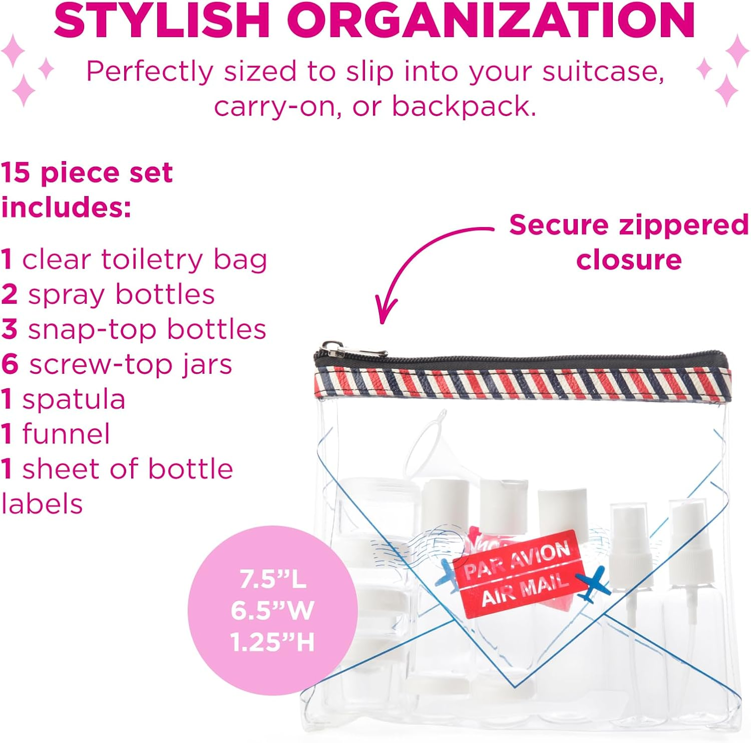 Miamica Women'S Air Mail TSA Compliant Travel Toiletry Bag, Blue and White, 7.5" X 6.5" X 1.25", Blue and White, 7.5" X 6.5" X 1.25", Air Mail TSA Compliant Travel Toiletry Bag - Blue  Red image number 5