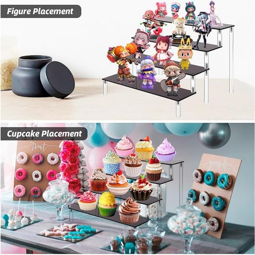 Fabselection Acrylic Riser Display Stand, 4 Tier Acrylic Display Shelf Acrylic Riser Display Stand for Action Figures,Cupcake, Trophy, Perfume,Cosmetics, Jewelry, Collections and Party Desserts (Black) image number 3