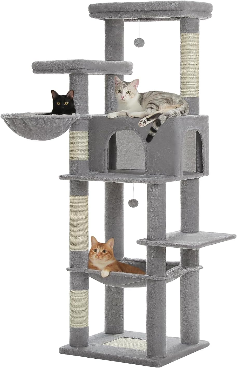 PAWZ Road Wooden Cat Tree for Indoor Large Cats, 124.5Cm Modern Cat Tower with 4 Cotton Rope Covered Scratching Posts, 6 Wood Posts, Super Large Platform and Pompom
