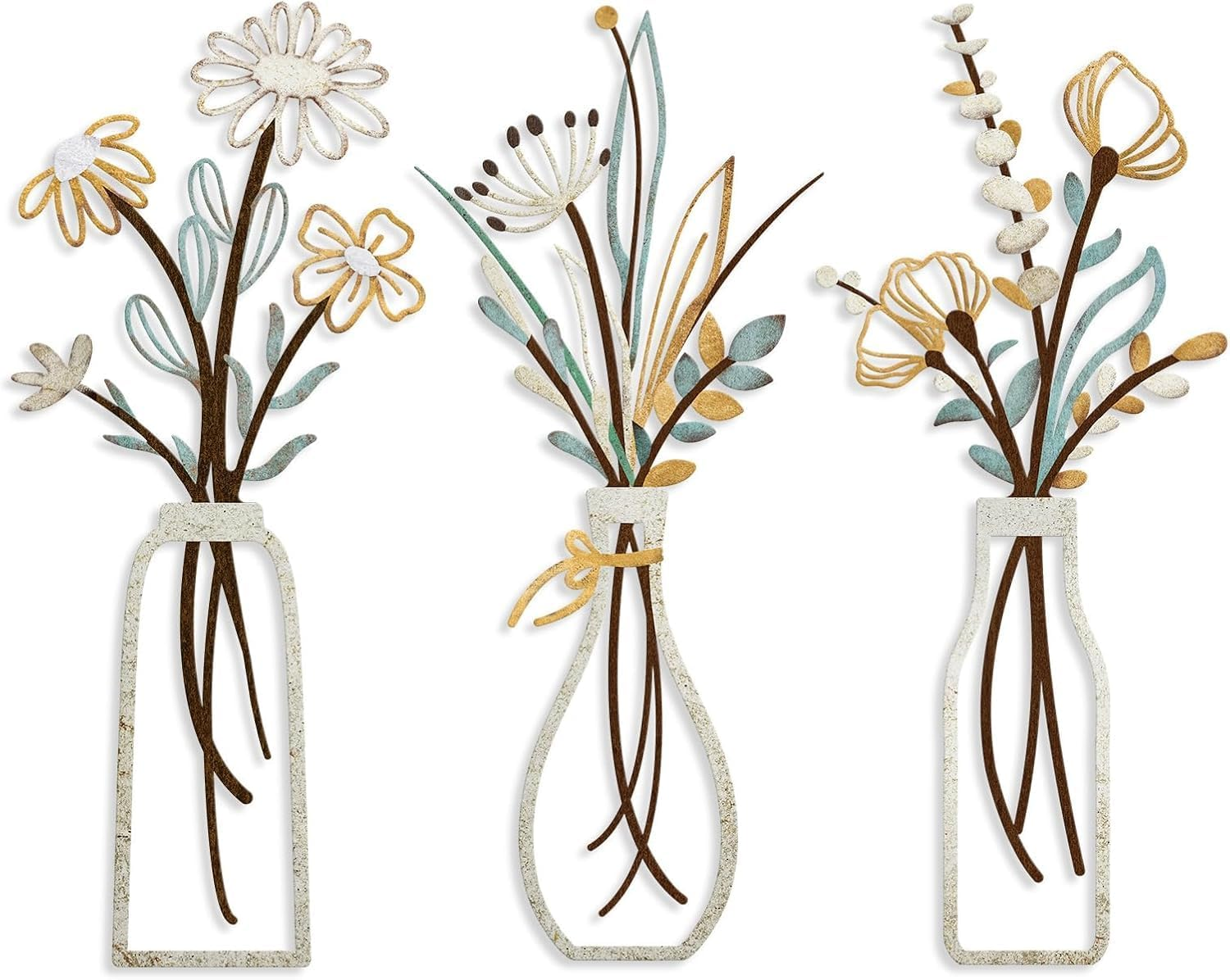 3 Pack Metal Flower Wall Art - Minimalist Beige Farmhouse Decor for Living Room, Bedroom, Bathroom & Dining Room | Housewarming Gift