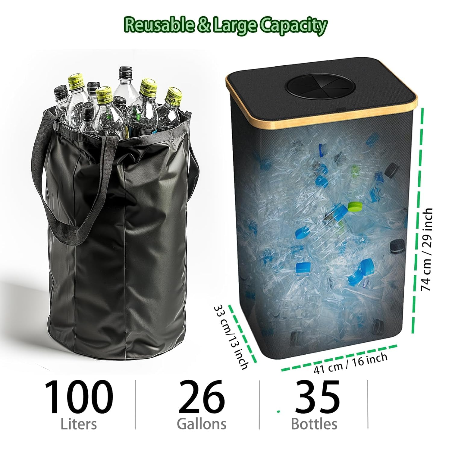 Pakusane Indoor Recycle Bin,Large 26 Gallon 100L Recycling Bin with Reusable Inner Bag Bottle Can Glass Waste Plastice Kitchen Home image number 7