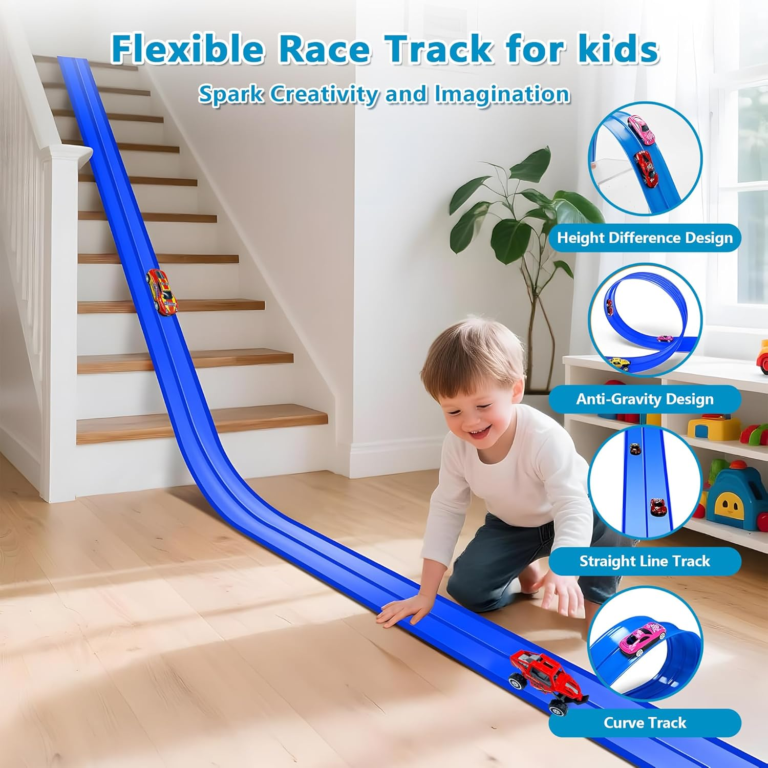 16Ft /500Cm Flex Tracks Car Track Set &ndash; Flexible Race Car Ramp Track with 6 Small Racecars &Suction Cups, Compatible with Hot Wheels &1:64 Diecast Vehicles, Portable Roll-Up Racetrack for Kids Ages 3+ - Red image number 7