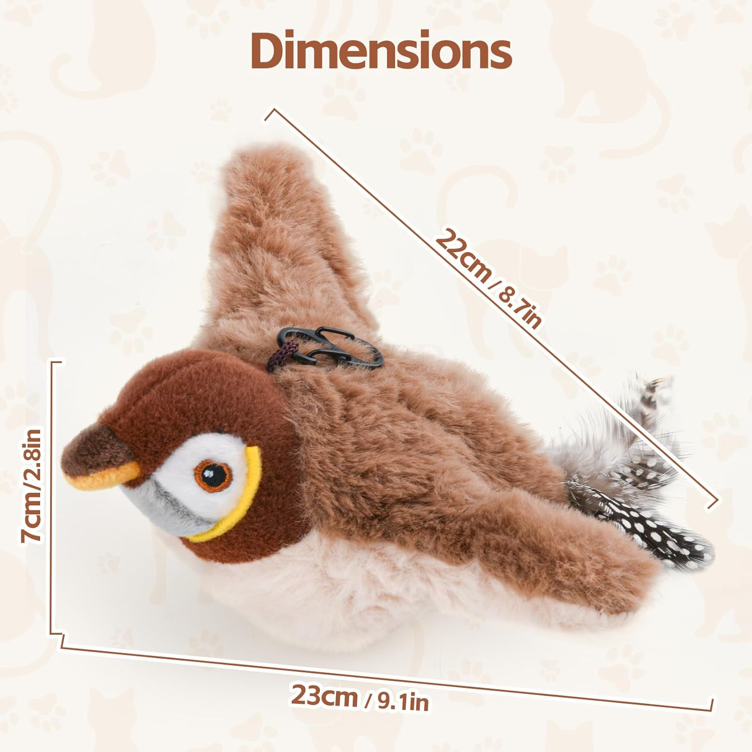 LIFLIX Interactive Cat Toys, Rechargeable Chirping Flapping Bird(No Flying) with Catnip for Indoor Cats, Plush Kitten Exercise Toys, Touch Activated (Brown Sparrow) image number 3