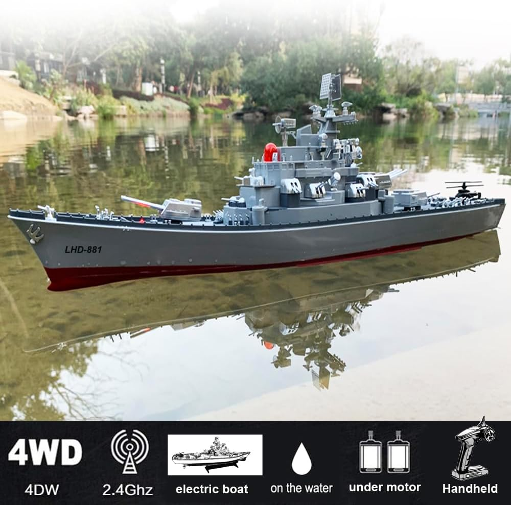23.6" Inch Remote Controlled Warship Battleship10Km/H 4WD 2.4G RC Controlled Ship 1:390 Scale on Water Lakes Pools Exhibits Models image number 2