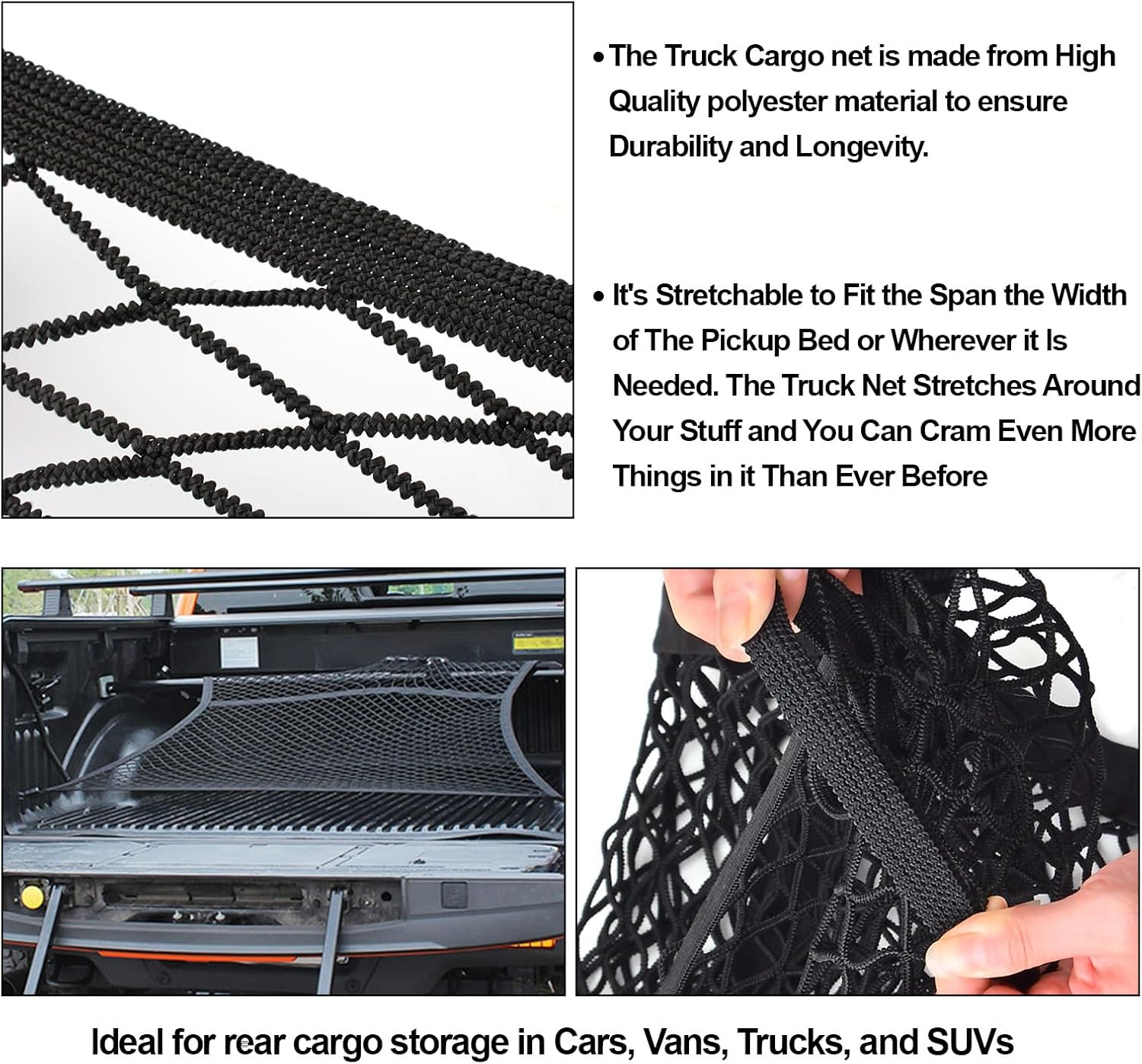 Cozy Core Upgraded 8-Hook Elastic Truck Bed Cargo Net, Adjustable 4X4Ft to 8X8Ft, Heavy-Duty Stretchable Design for Dodge Ford Chevy Pickups SUV Racks, Includes ABS Carabiners & Work Gloves image number 1