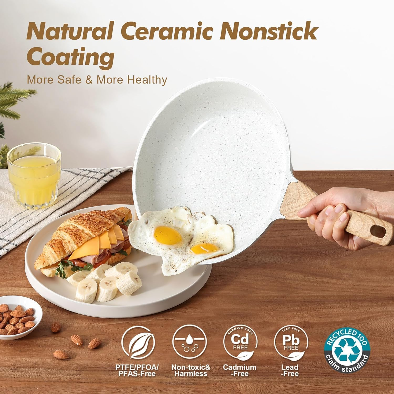 Lynn Jade Nonstick Frying Pan Skillets, White Ceramic Coating Omelette Pans, Healthy Cookware Chef'S Pan, Free of PTFE & PFAS (20+24+28Cm) image number 3