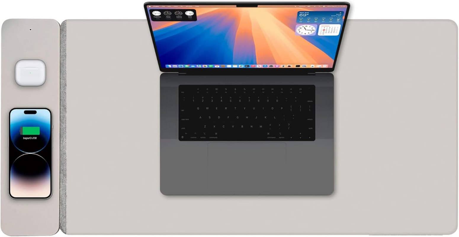 Laser Chargecore Wireless Charger Desk Mat with 15W Qi Magsafe Charger, Water-Resistant PU Leather, Detachable Magnetic Mouse Pad, USB C Cable &ndash; Wireless Charging Station for Phones & Earbuds (Black)