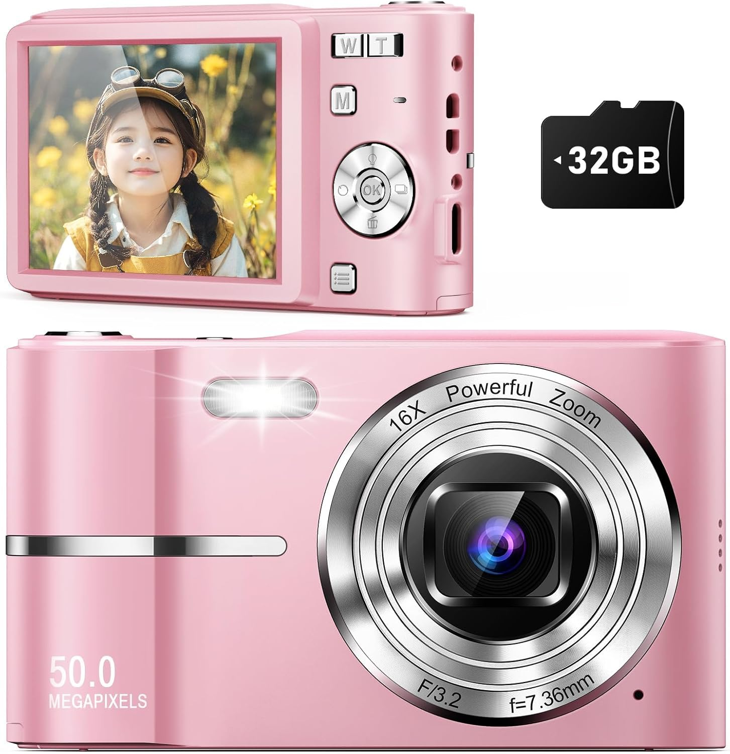 Upgrade Digital Camera, 50MP Full High Definition 1080P Camera with 16X Zoom anti Shake, Compact Camera for Kid Student Children Teen Girl Boy, Kids Camera with 32GB SD Card (Pink)