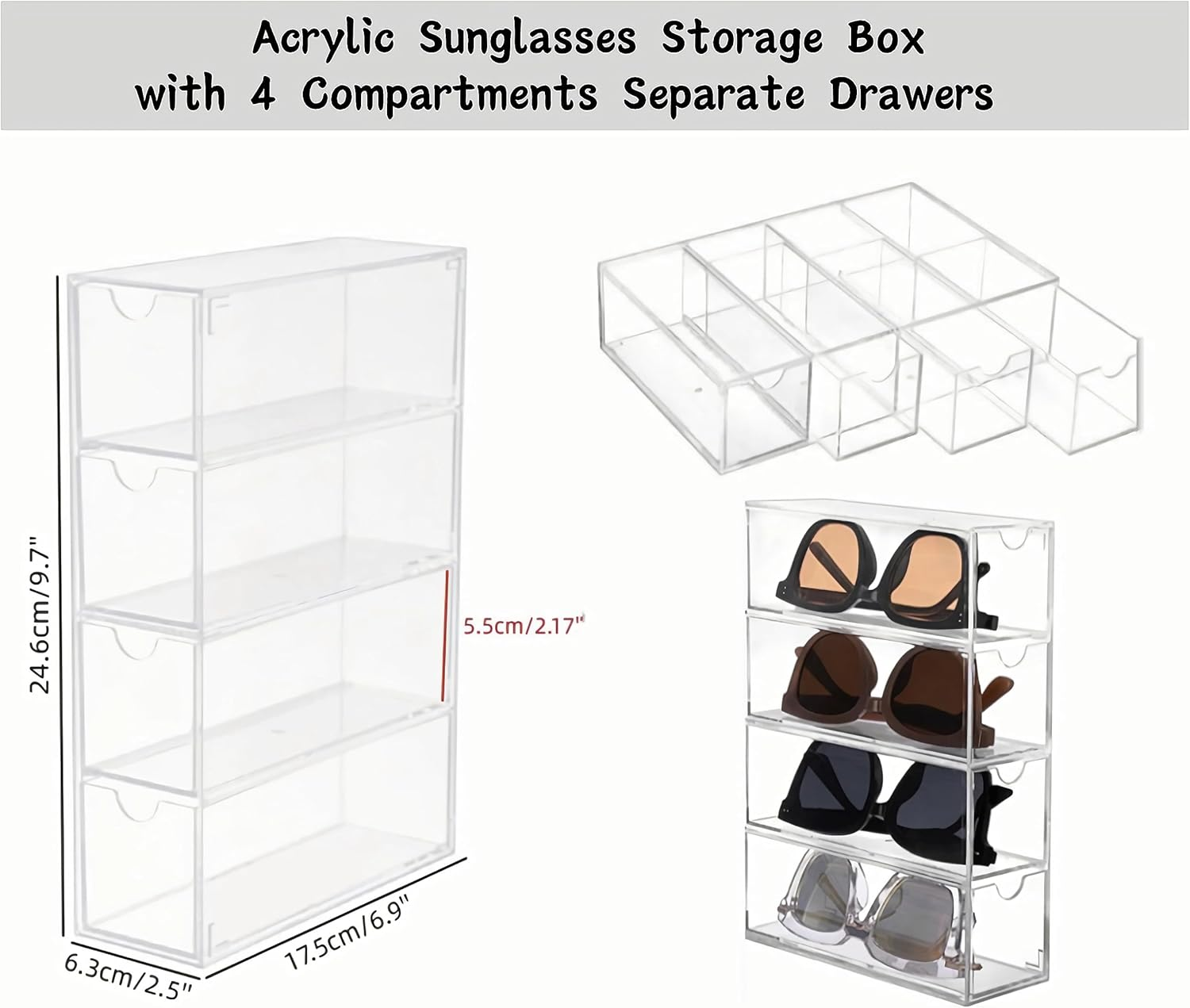 Acrylic Eye Glass Storage Organizer Box with 4 Clear Divided Drawers for Sunglasses Stackable Cosmetic Jewelry Makeup Tabletop Coffee Pod Display Organizer Holder（Clear) image number 6