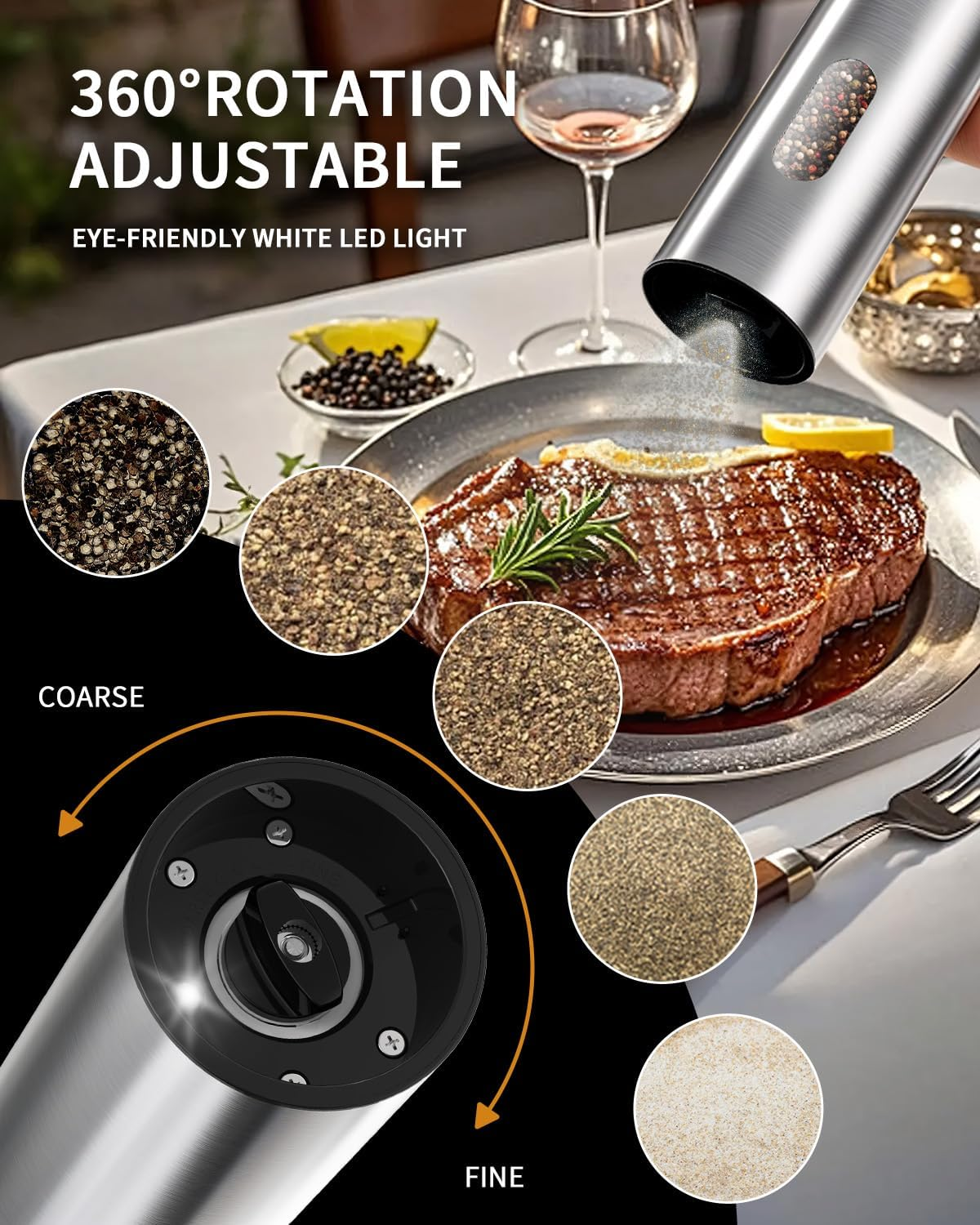 CIRCLE JOY Electric Salt and Pepper Grinder Set with USB Charging Base, Adjustable Coarseness, 110Ml Large Capacity, Stainless Steel Pepper Grinder, Silver image number 1