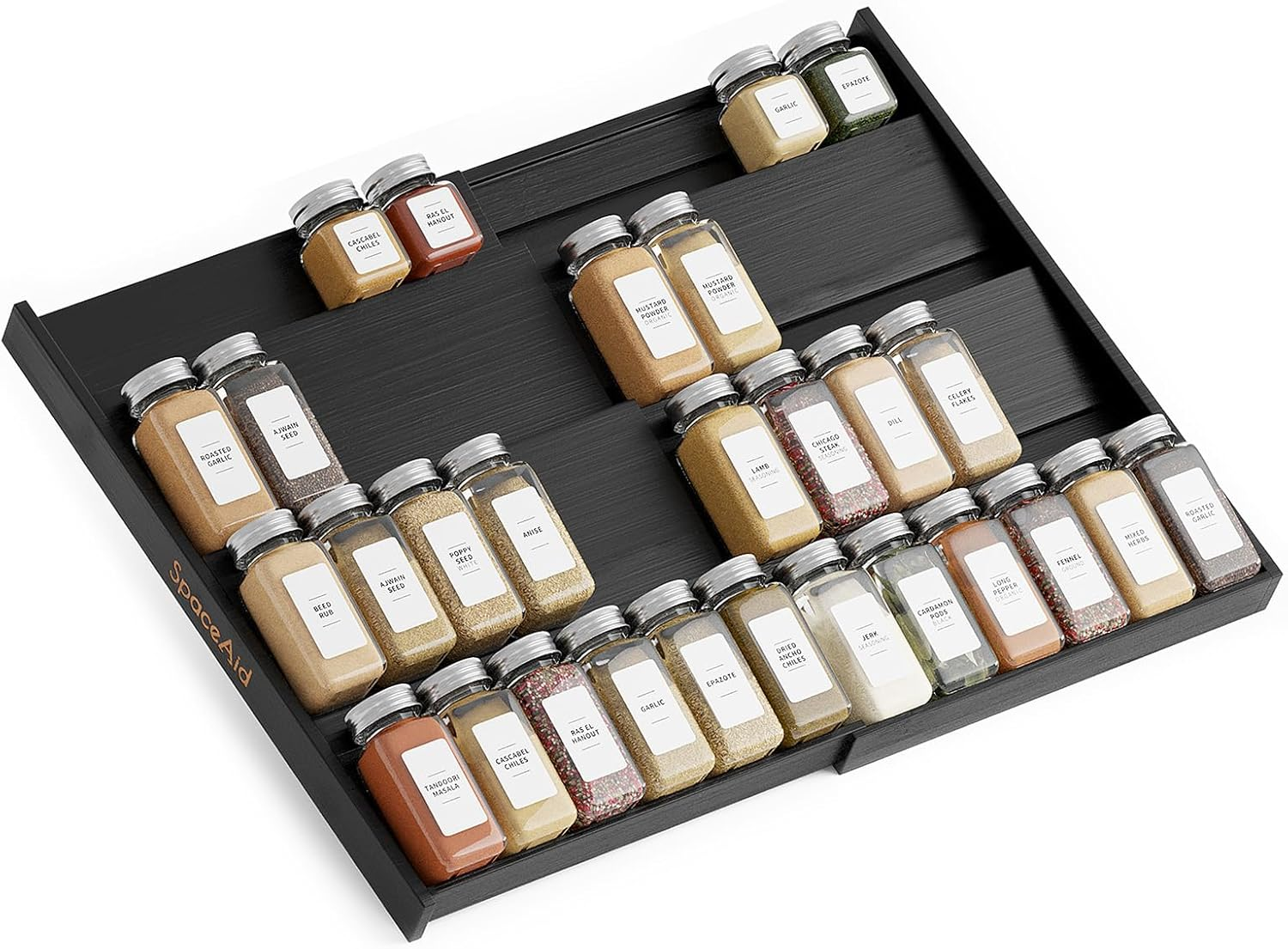 Spaceaid Bamboo Spice Drawer Organizer, (Need 3" Deep Drawer) Expandable 4 Tier Spices Rack for Cabinet, Kitchen Seasoning Storage Insert (Jars Not Included, from 12" to 23" Wide)