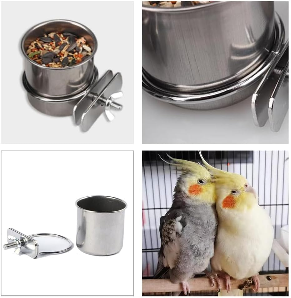 Bird Feeding Cups, Wanfoou 2 PCS Detachable Parrot Feeder, Stainless Steel Bird Feeding Dish Cups, Parrot Cage Food Water Feeder Bowls Cage Coop with Clamp Holder(5.5 * 5 Cm) image number 2