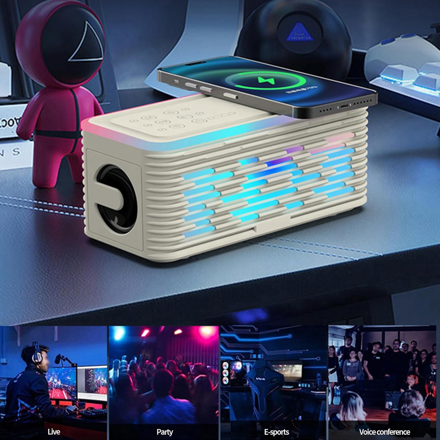 Wireless Charging Bluetooth Speaker, Stereo Surround Sound, 12 Hours of Playback, 24 Sleep Sound Effects, 5 Mood Lights, Support AUX, TF Card Input, Suitable for Boys, Girls, Family Holiday Gifts image number 1