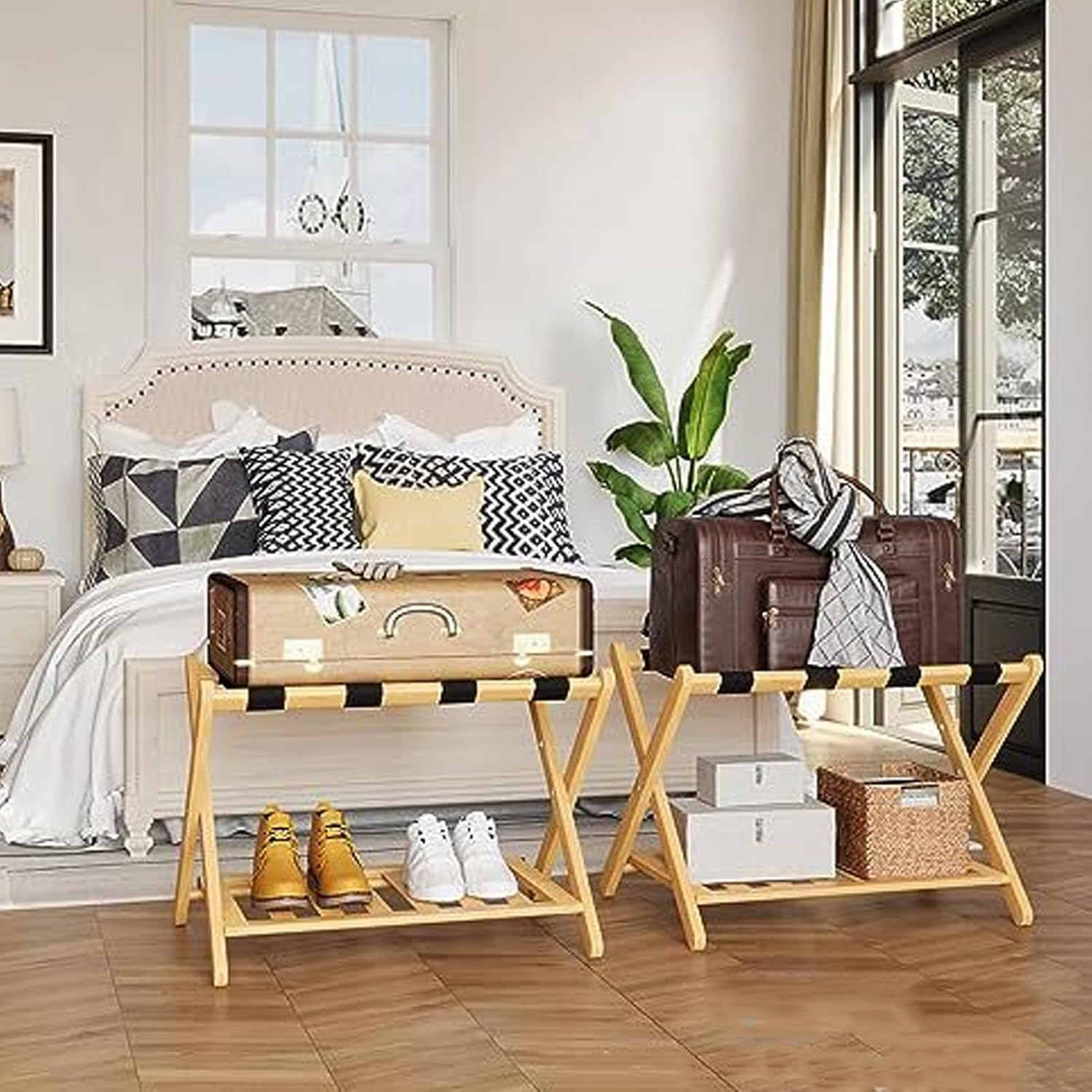 Wooden Luggage Rack with Storage Folding Suitcase Stand Quick Assembly - Home/Storage & Organisation/Clothing & Wardrobe Storage image number 4