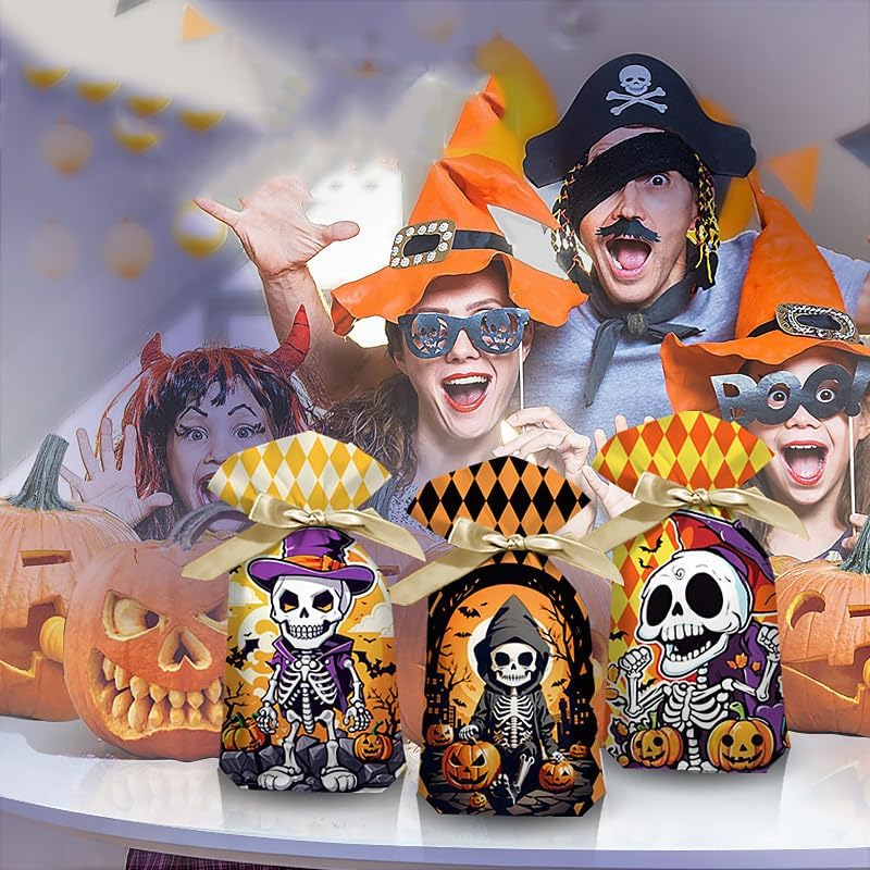 PQCLXUYA 65Pcs Halloween Treat Bags,Goodie Bags Drawstring,Plastic Drawstring Gift Bag for Kids Halloween Party Favor Trick or Treat Goody Bags Cookies Sweets (Halloween) - Halloween image number 3