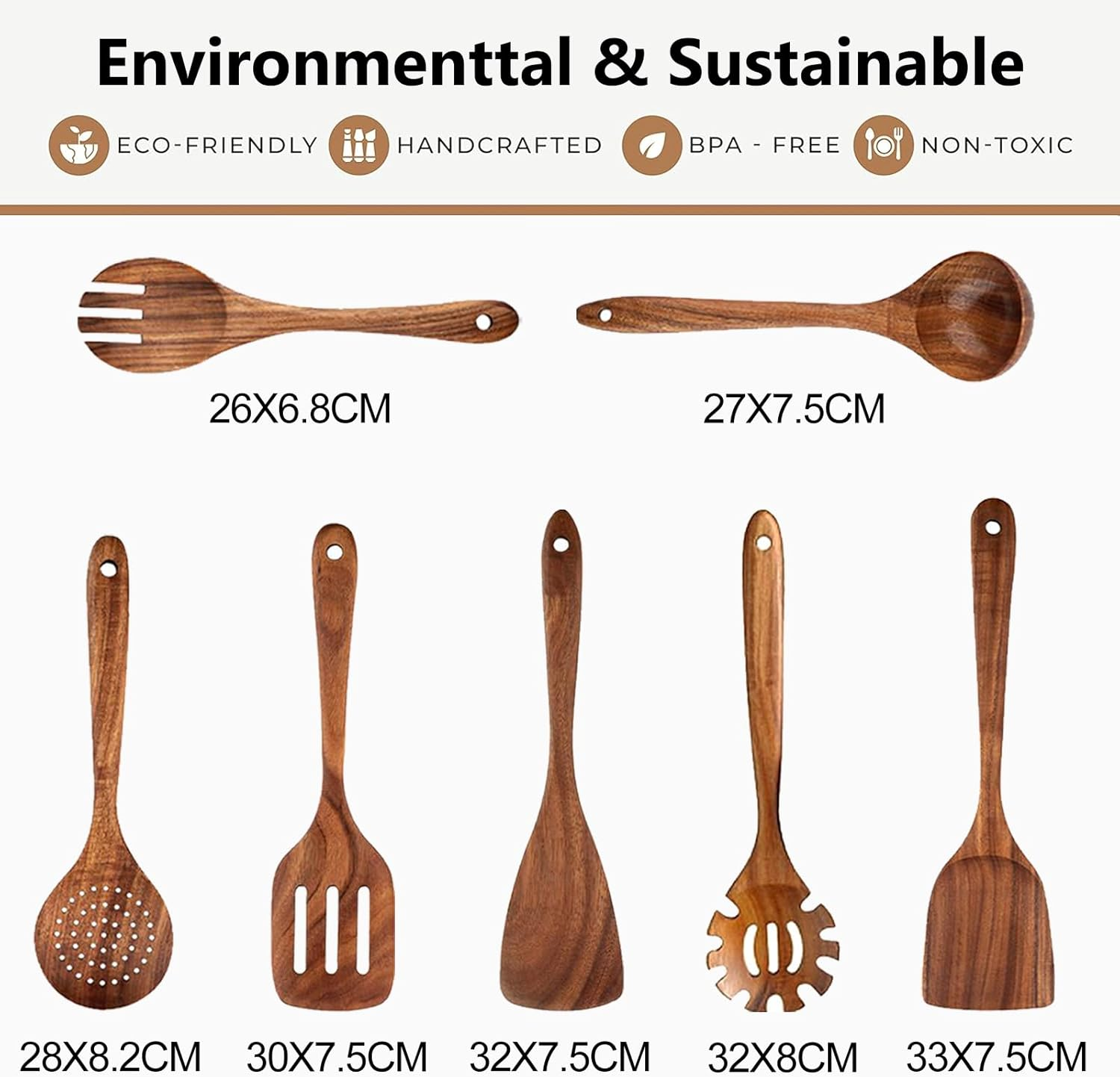 CATZONS Wooden Spoons for Cooking, Teak Wooden Kitchen Utensil Set - with Holder & Spoon Rest, Smooth Finish Comfort Grip Teak Wooden Spatula Set, 7 PCS Set image number 3