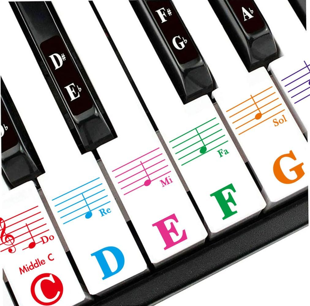 Piano Stickers, Piano Key Stickers for 88/61/54/49/37 Key Full Set for White and Black Keys, Colorful Bigger Letter-Thinner Transparent Removable with Cleaning Cloth - Color Lines image number 5