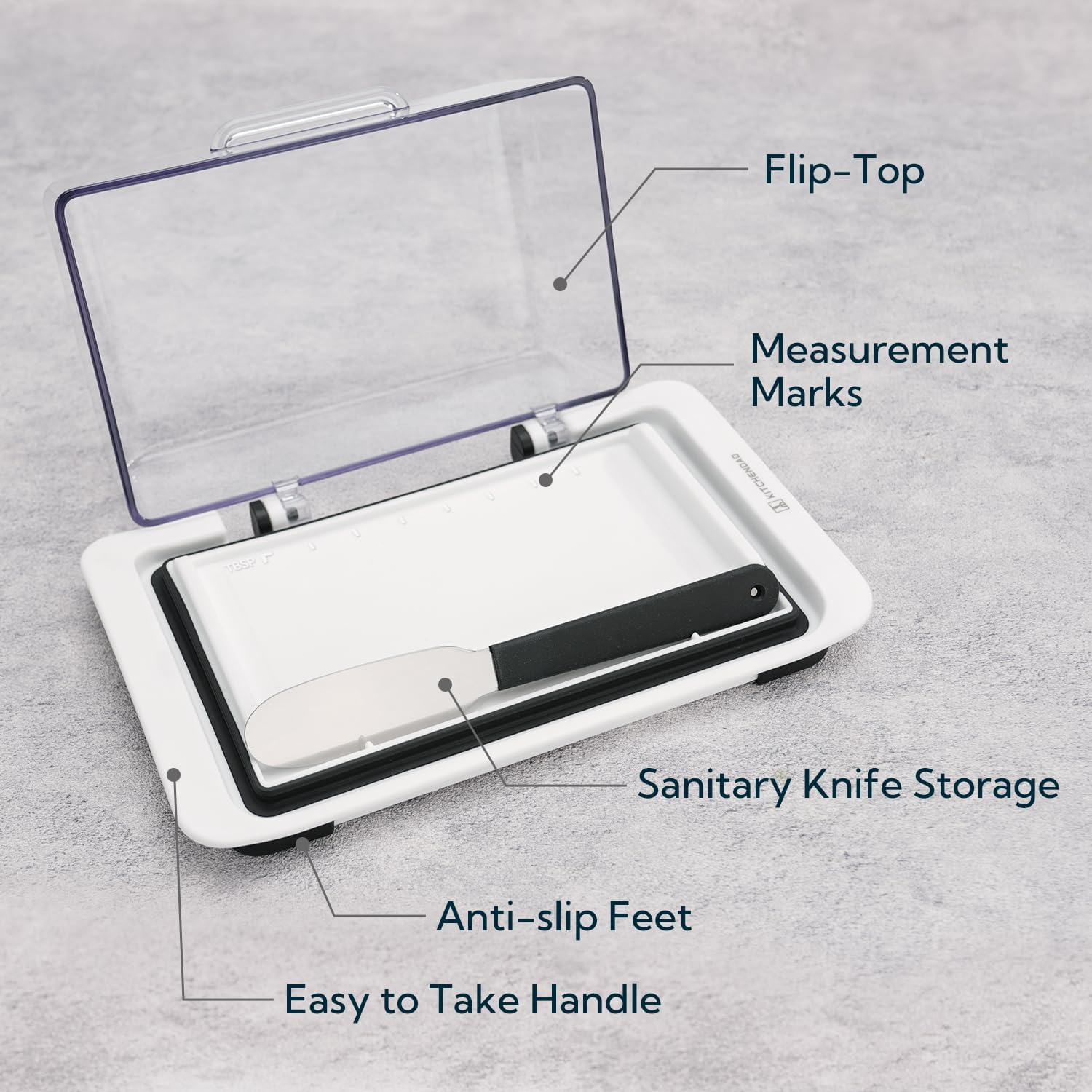 KITCHENDAO Airtight Flip-Top Butter Dish with Lid and Knife Spreader for Countertop and Refrigerator,Plastic Butter Holder Tray for 2 Sticks East Coast/West Coast/European Style/Kerrygold Butter image number 2