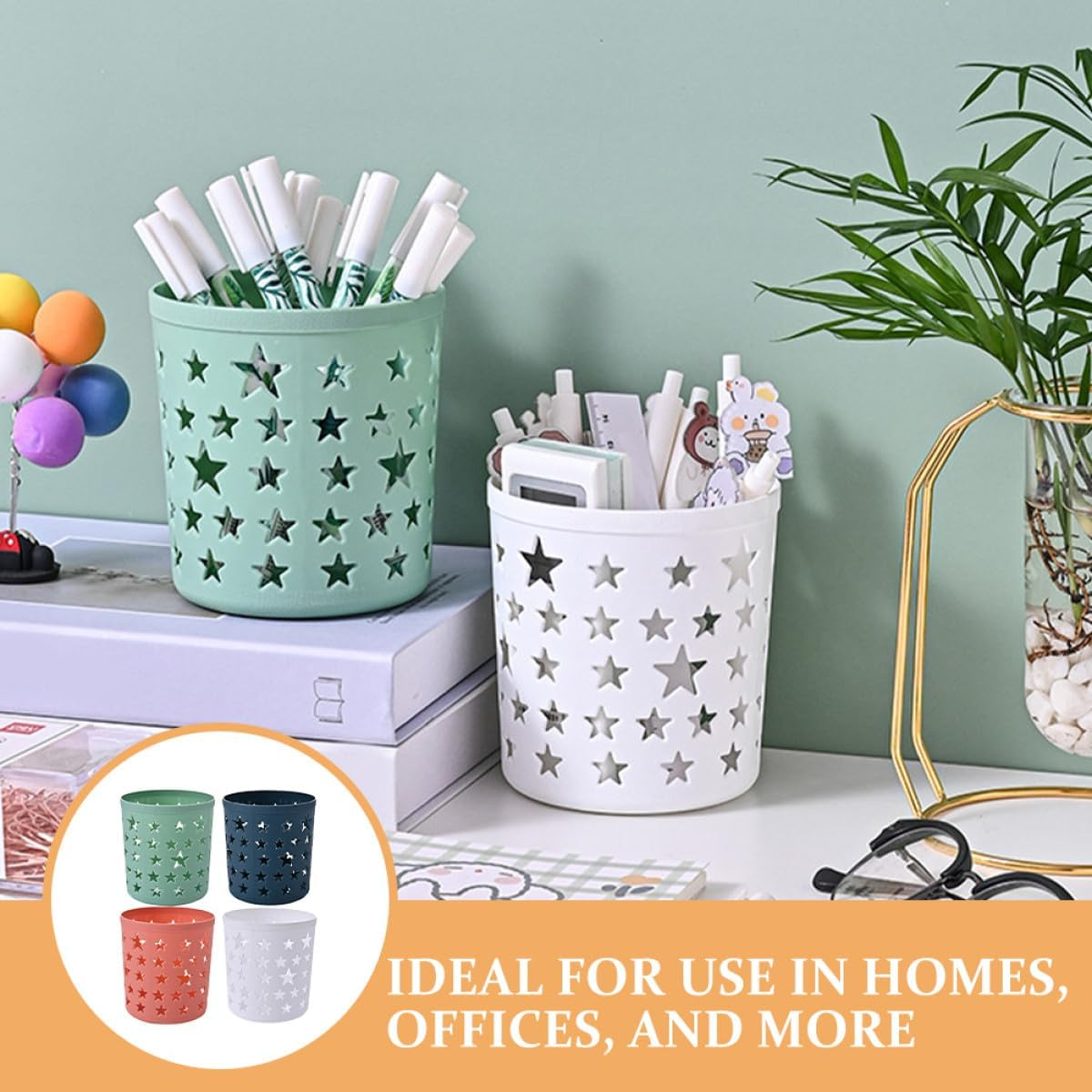 AMUSLESUR Pencil Holder Desk Organizer 8Pcs round Plastic Pen Containers for Office and Home with Hollow Star Design in Teal Amber White Green image number 6